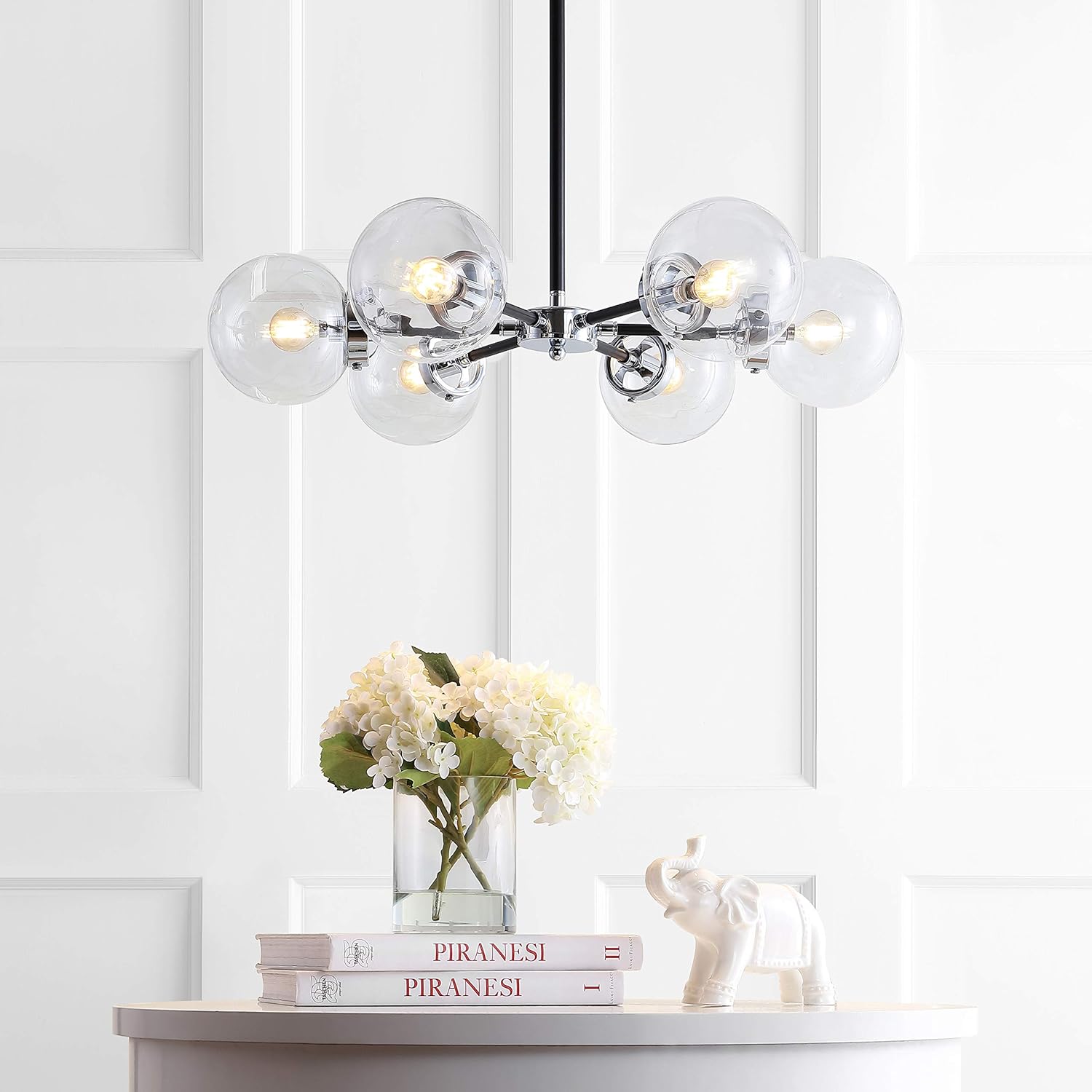 Modern 6-Light Chrome Globe Chandelier with Clear Glass Shades, Adjustable Height