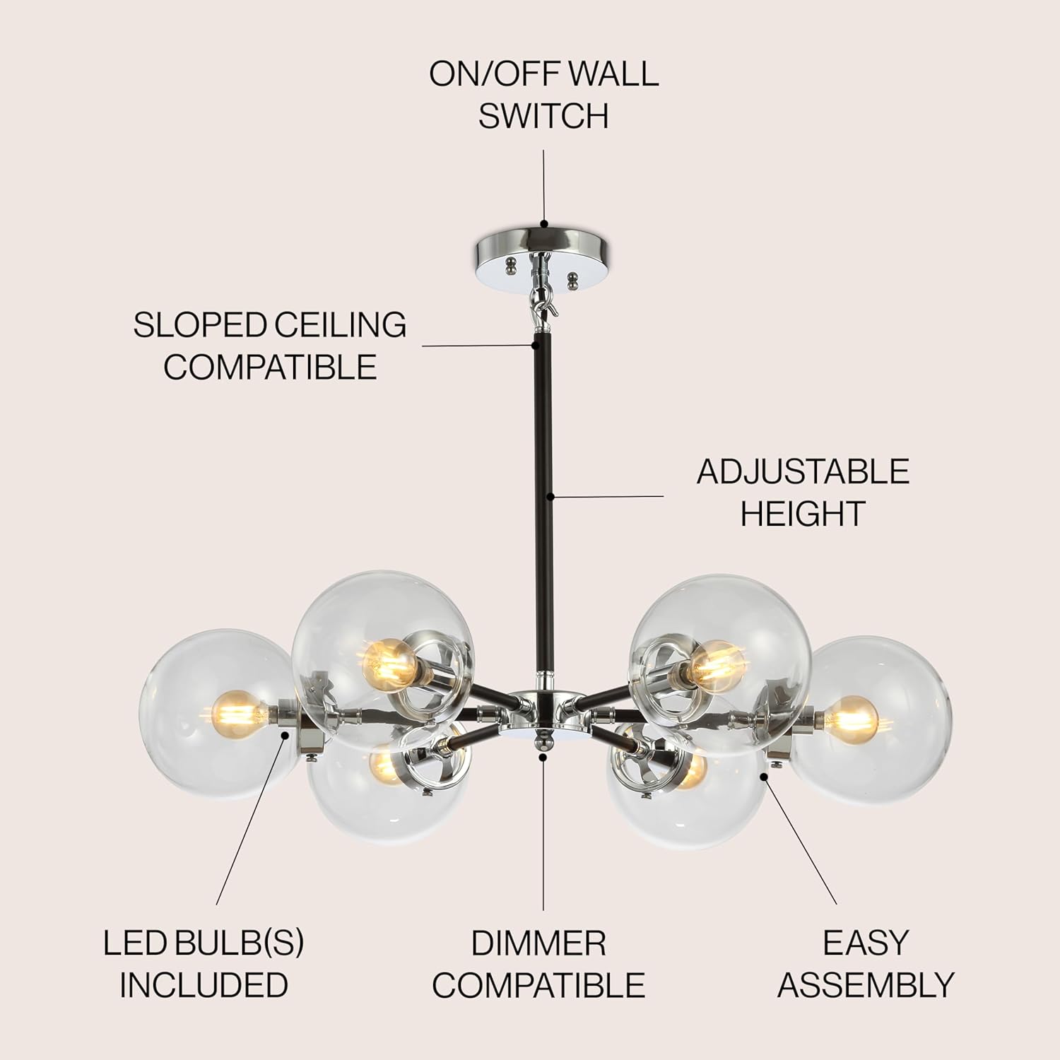Modern 6-Light Chrome Globe Chandelier with Clear Glass Shades, Adjustable Height