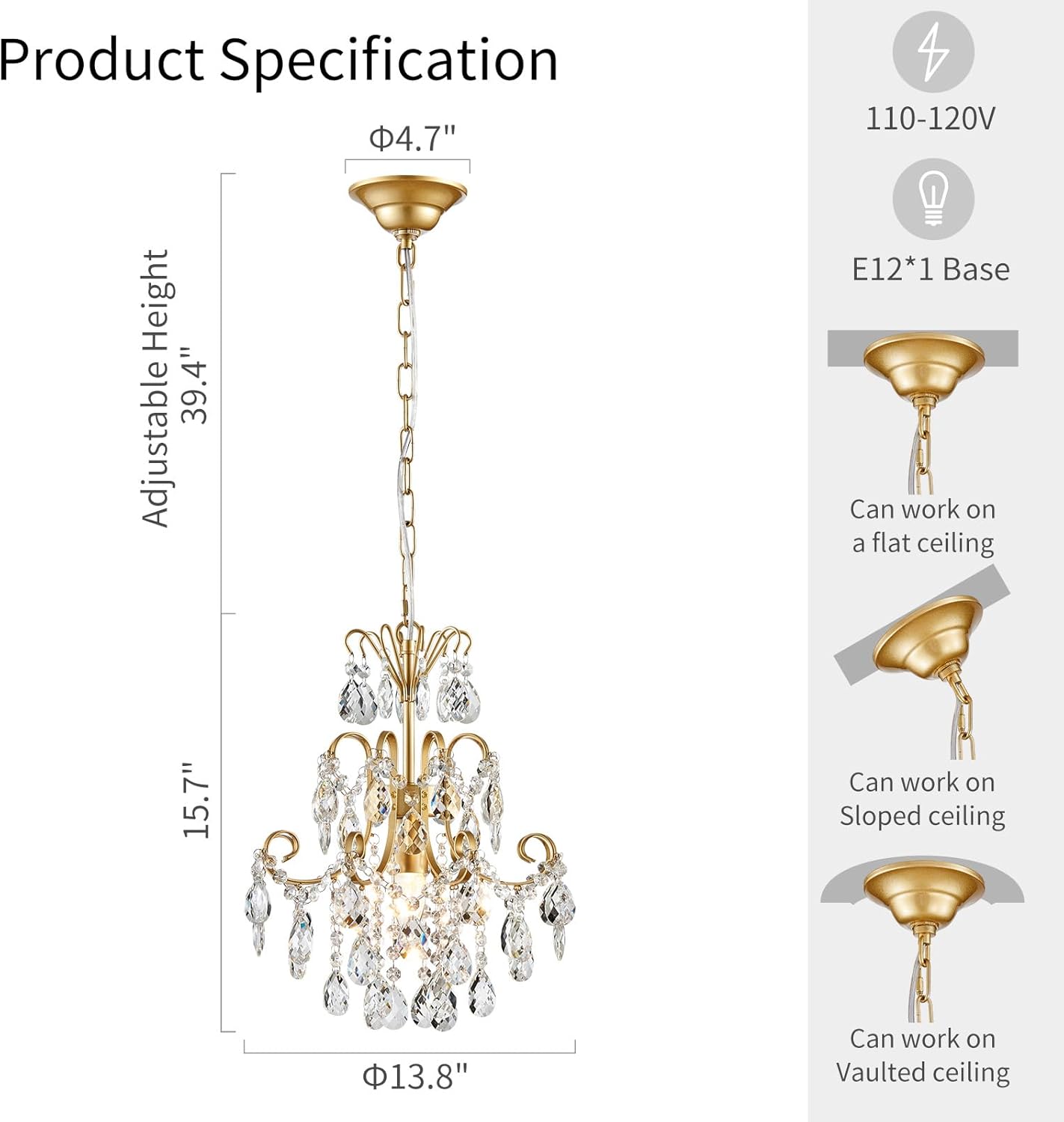Mini Gold Crystal Chandelier Pendant Light – 13.8-Inch Round, Adjustable Height, E12 Base, Works on Flat/Sloped/Vaulted Ceilings, for Bedroom, Dining Room, Entryway