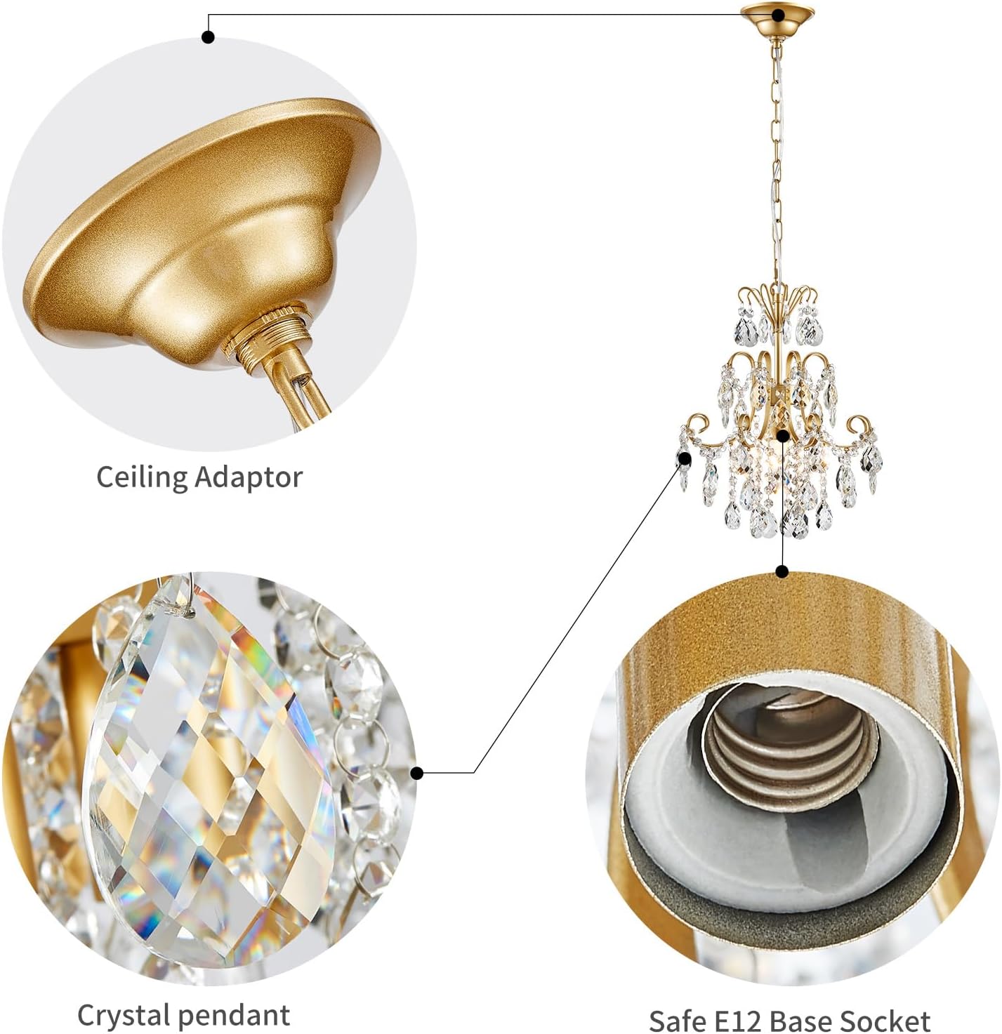 Mini Gold Crystal Chandelier Pendant Light – 13.8-Inch Round, Adjustable Height, E12 Base, Works on Flat/Sloped/Vaulted Ceilings, for Bedroom, Dining Room, Entryway