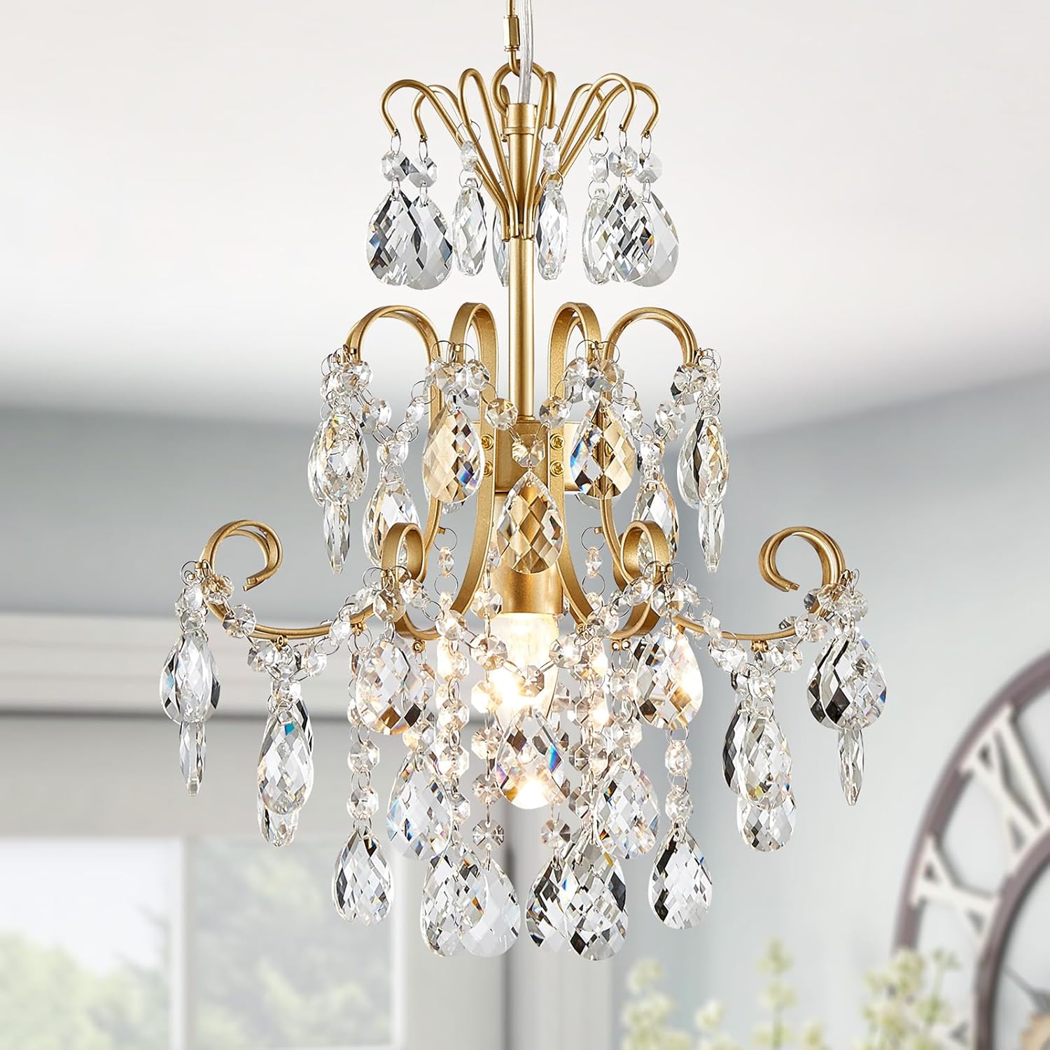 Mini Gold Crystal Chandelier Pendant Light – 13.8-Inch Round, Adjustable Height, E12 Base, Works on Flat/Sloped/Vaulted Ceilings, for Bedroom, Dining Room, Entryway