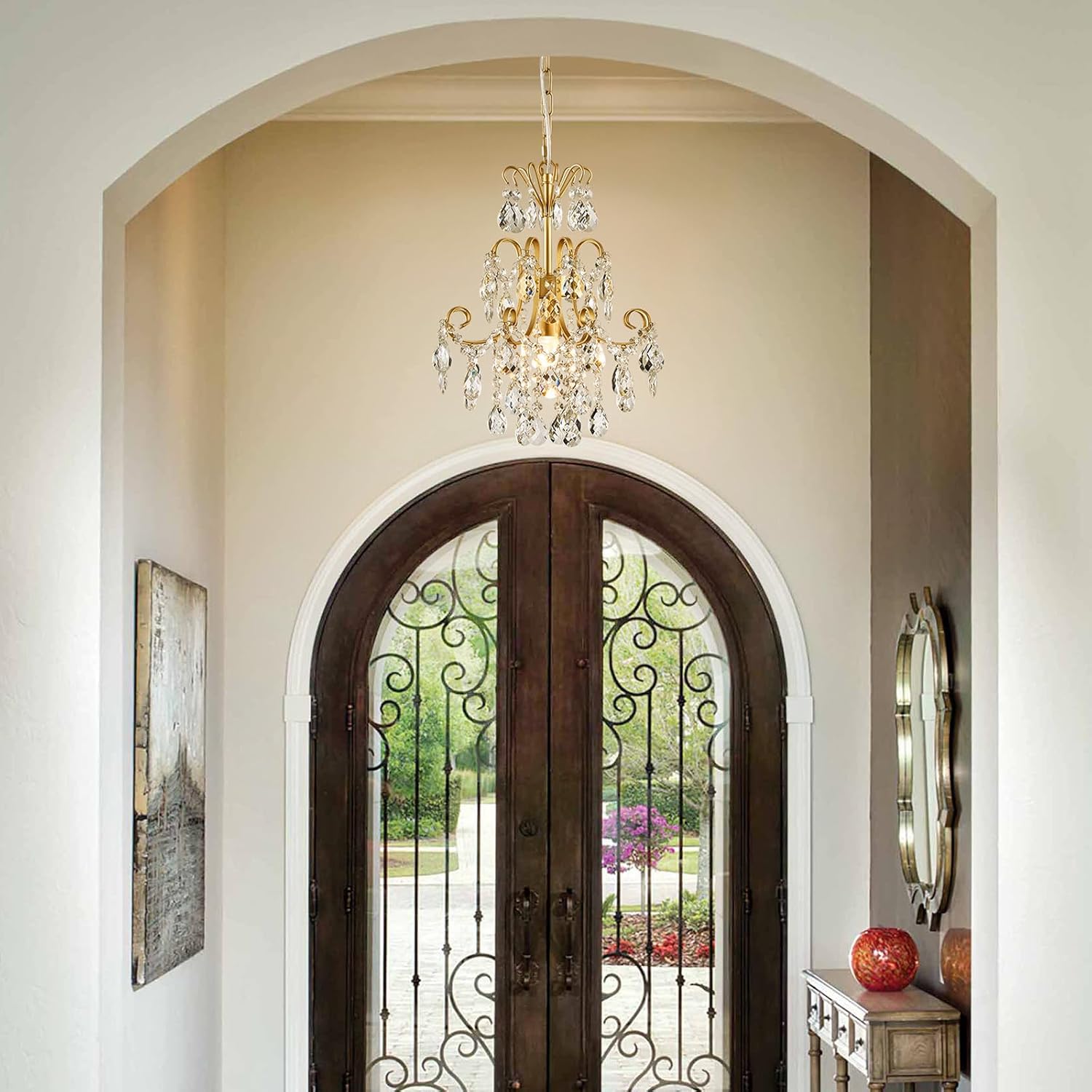 Mini Gold Crystal Chandelier Pendant Light – 13.8-Inch Round, Adjustable Height, E12 Base, Works on Flat/Sloped/Vaulted Ceilings, for Bedroom, Dining Room, Entryway
