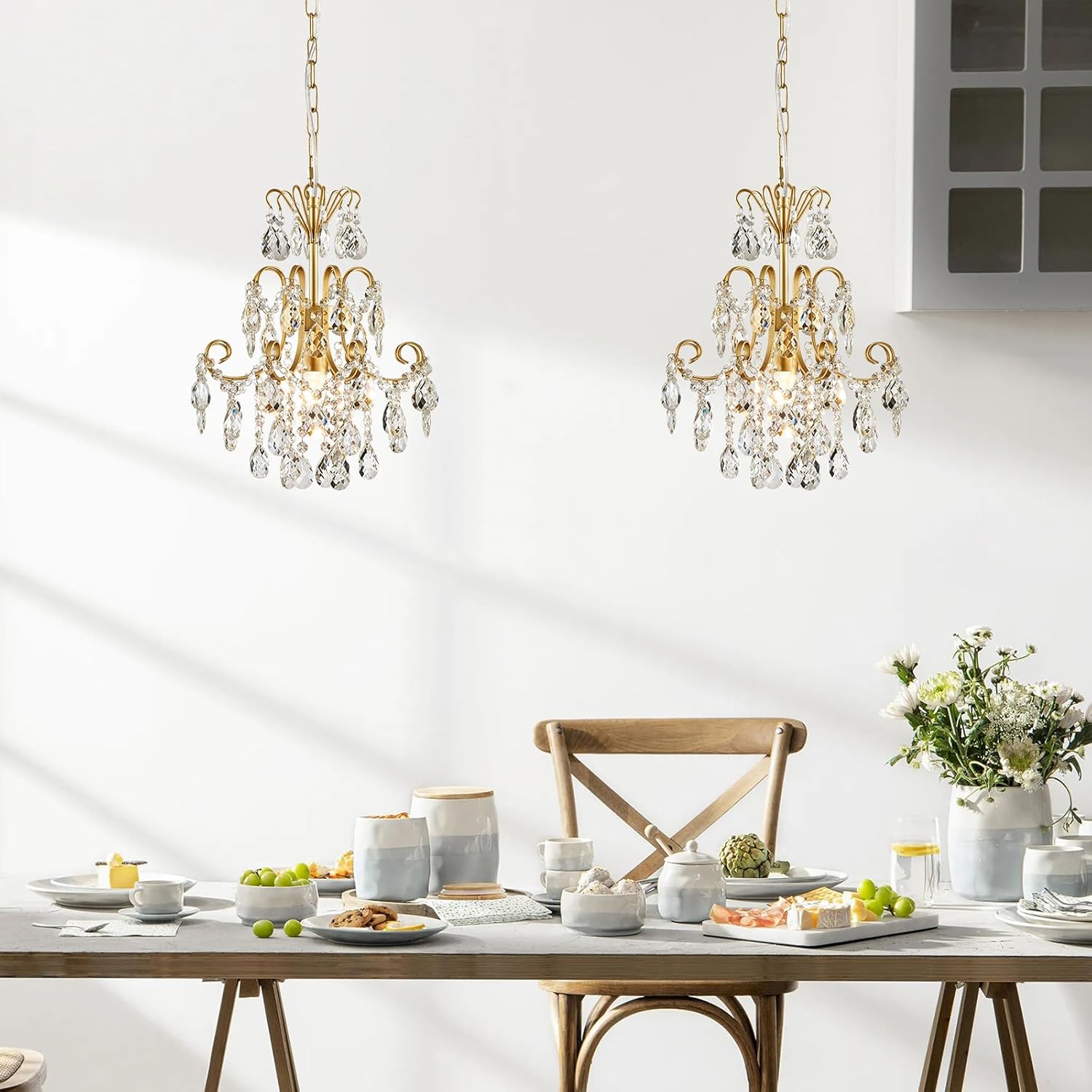 Mini Gold Crystal Chandelier Pendant Light – 13.8-Inch Round, Adjustable Height, E12 Base, Works on Flat/Sloped/Vaulted Ceilings, for Bedroom, Dining Room, Entryway