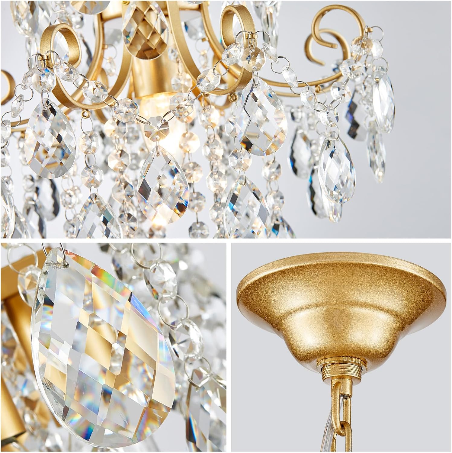 Mini Gold Crystal Chandelier Pendant Light – 13.8-Inch Round, Adjustable Height, E12 Base, Works on Flat/Sloped/Vaulted Ceilings, for Bedroom, Dining Room, Entryway