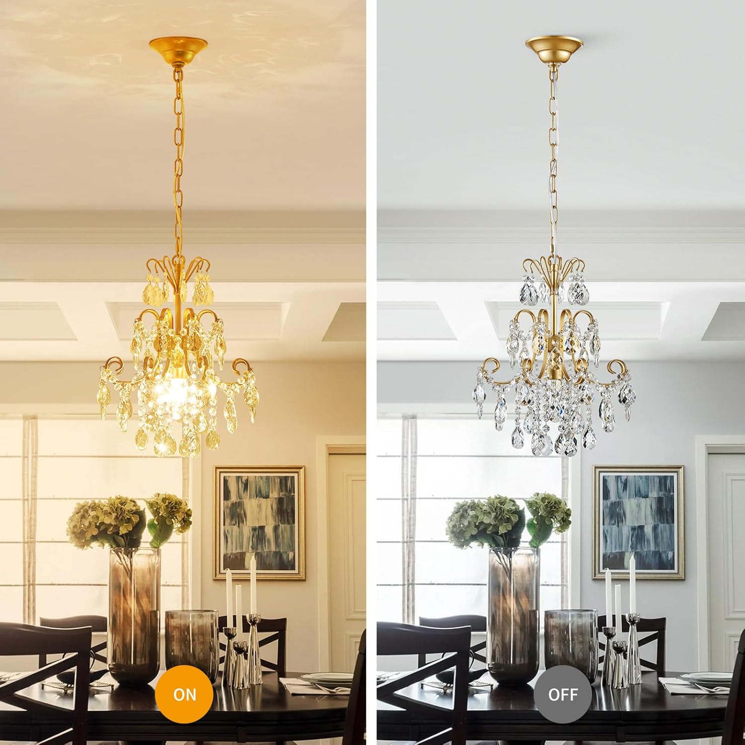 Mini Gold Crystal Chandelier Pendant Light – 13.8-Inch Round, Adjustable Height, E12 Base, Works on Flat/Sloped/Vaulted Ceilings, for Bedroom, Dining Room, Entryway