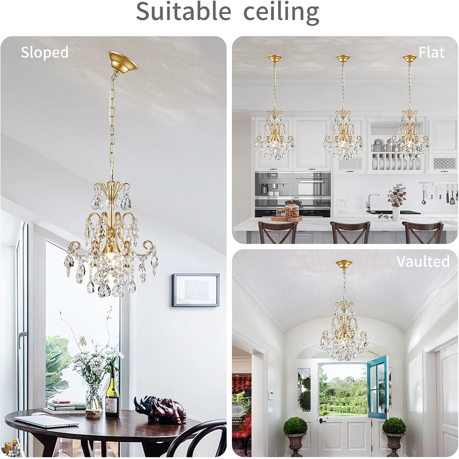 Mini Gold Crystal Chandelier Pendant Light – 13.8-Inch Round, Adjustable Height, E12 Base, Works on Flat/Sloped/Vaulted Ceilings, for Bedroom, Dining Room, Entryway