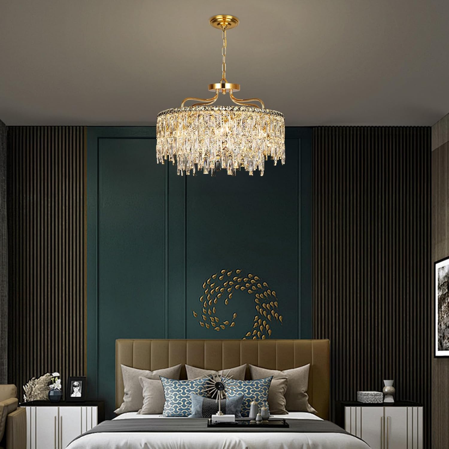 Modern Luxury Gold Crystal Chandelier - Adjustable Height Pendant Light with E12 Bulb Base