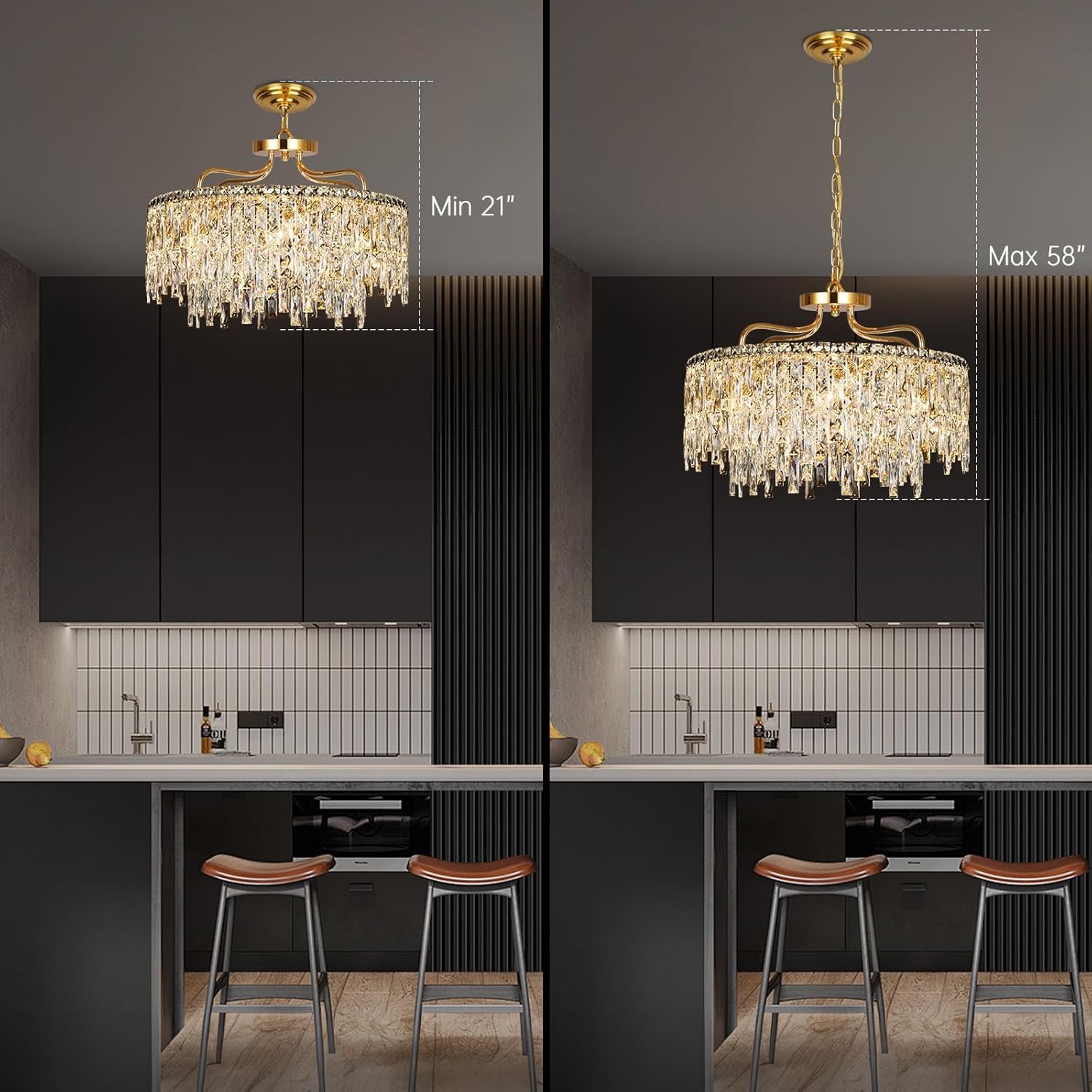 Modern Luxury Gold Crystal Chandelier - Adjustable Height Pendant Light with E12 Bulb Base