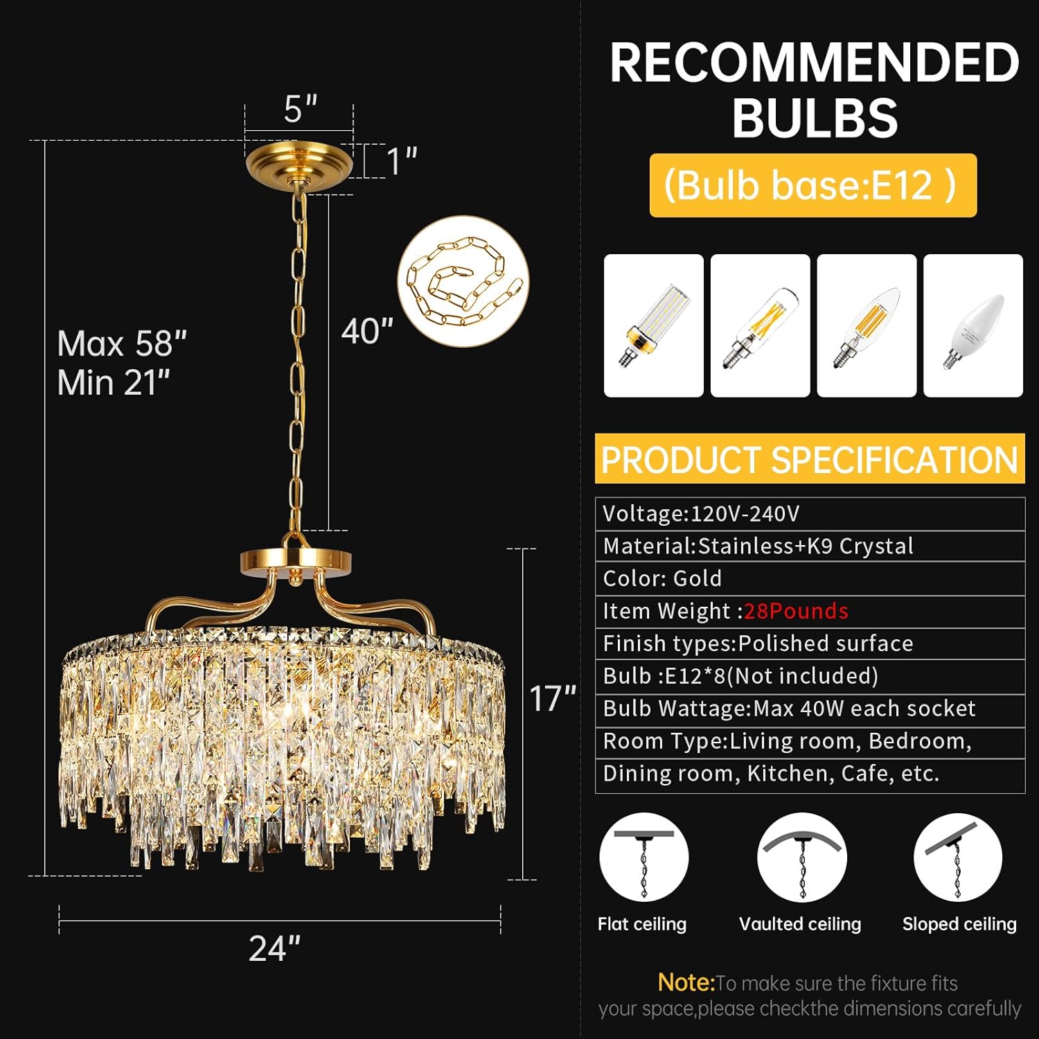 Modern Luxury Gold Crystal Chandelier - Adjustable Height Pendant Light with E12 Bulb Base