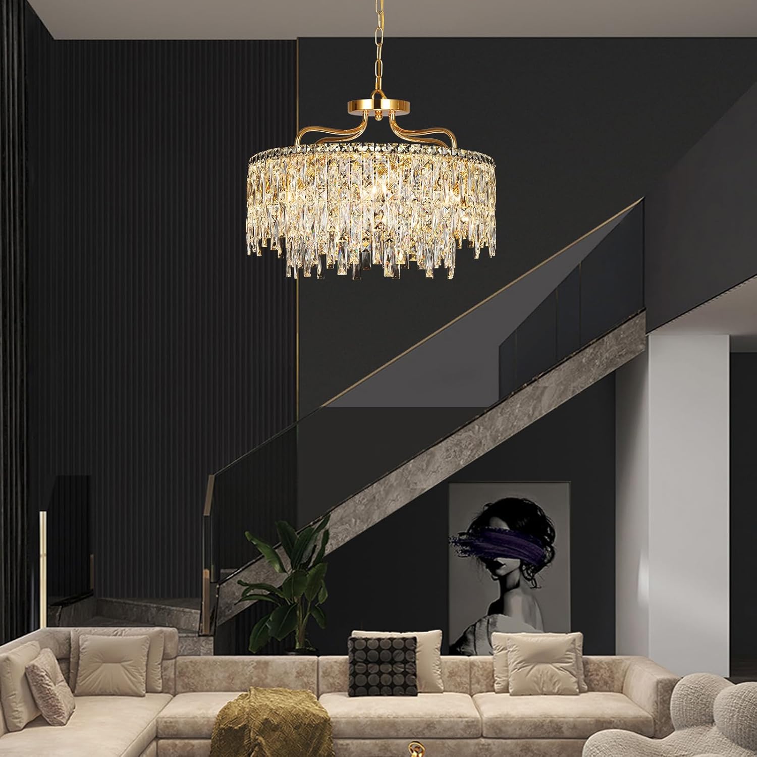 Modern Luxury Gold Crystal Chandelier - Adjustable Height Pendant Light with E12 Bulb Base