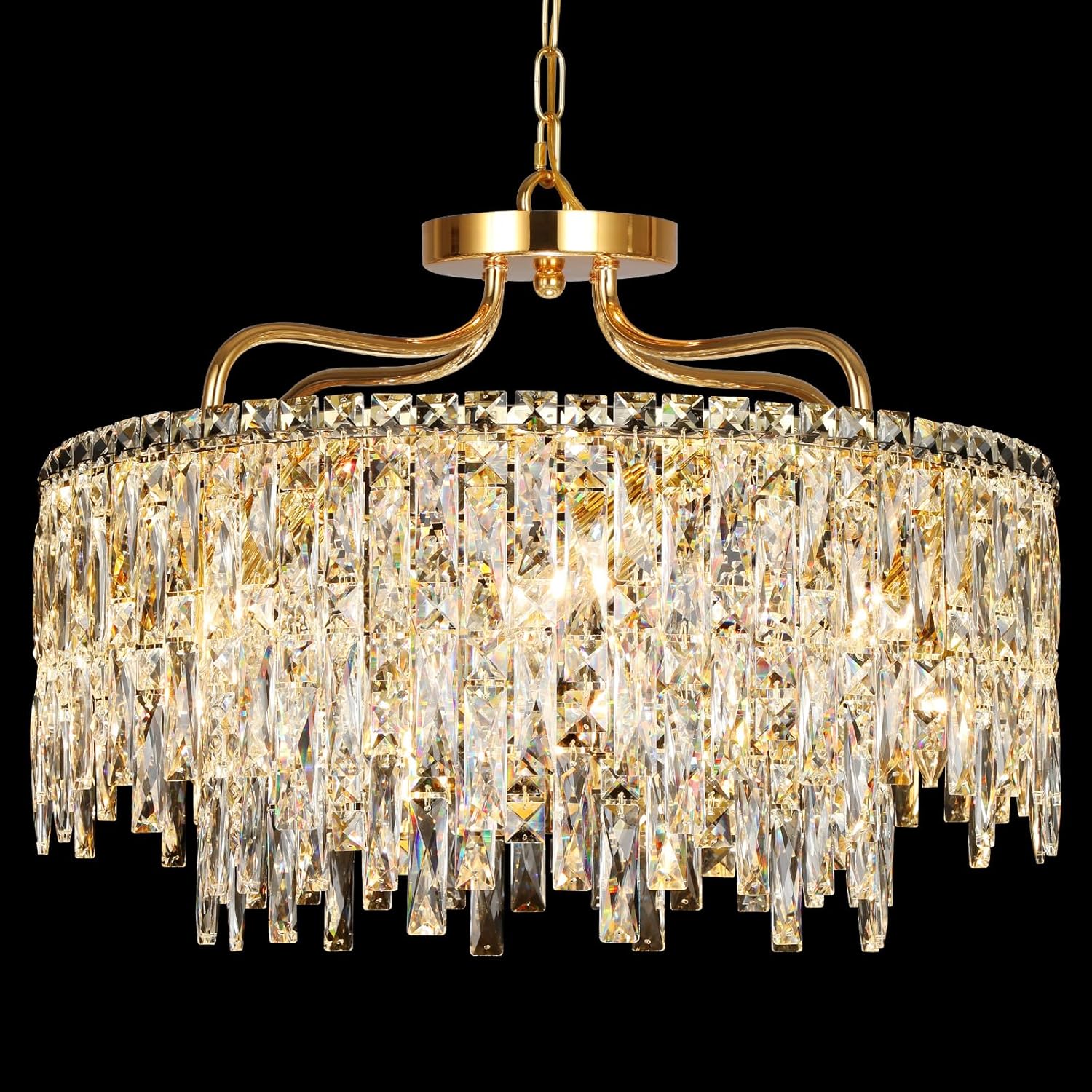 Modern Luxury Gold Crystal Chandelier - Adjustable Height Pendant Light with E12 Bulb Base