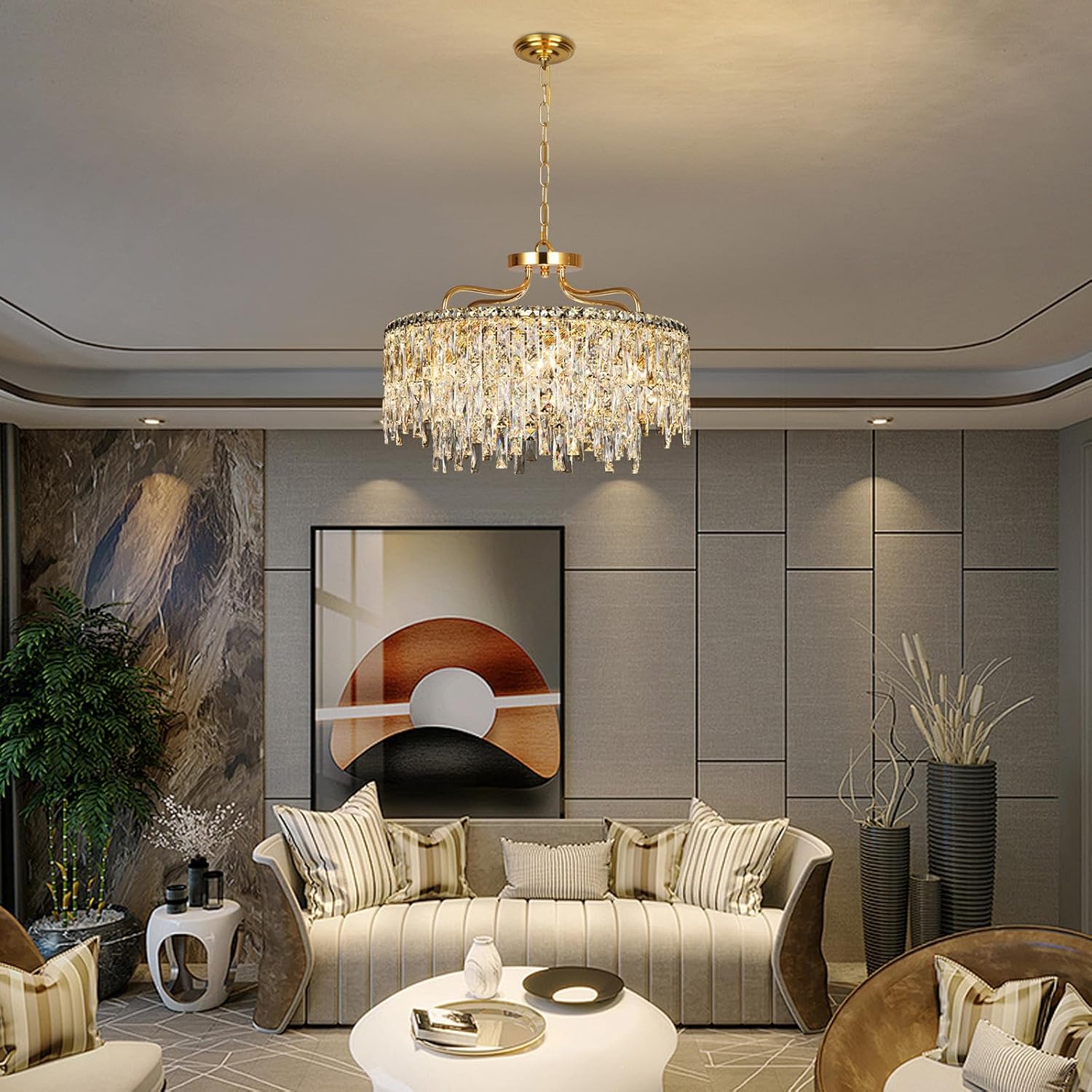 Modern Luxury Gold Crystal Chandelier - Adjustable Height Pendant Light with E12 Bulb Base