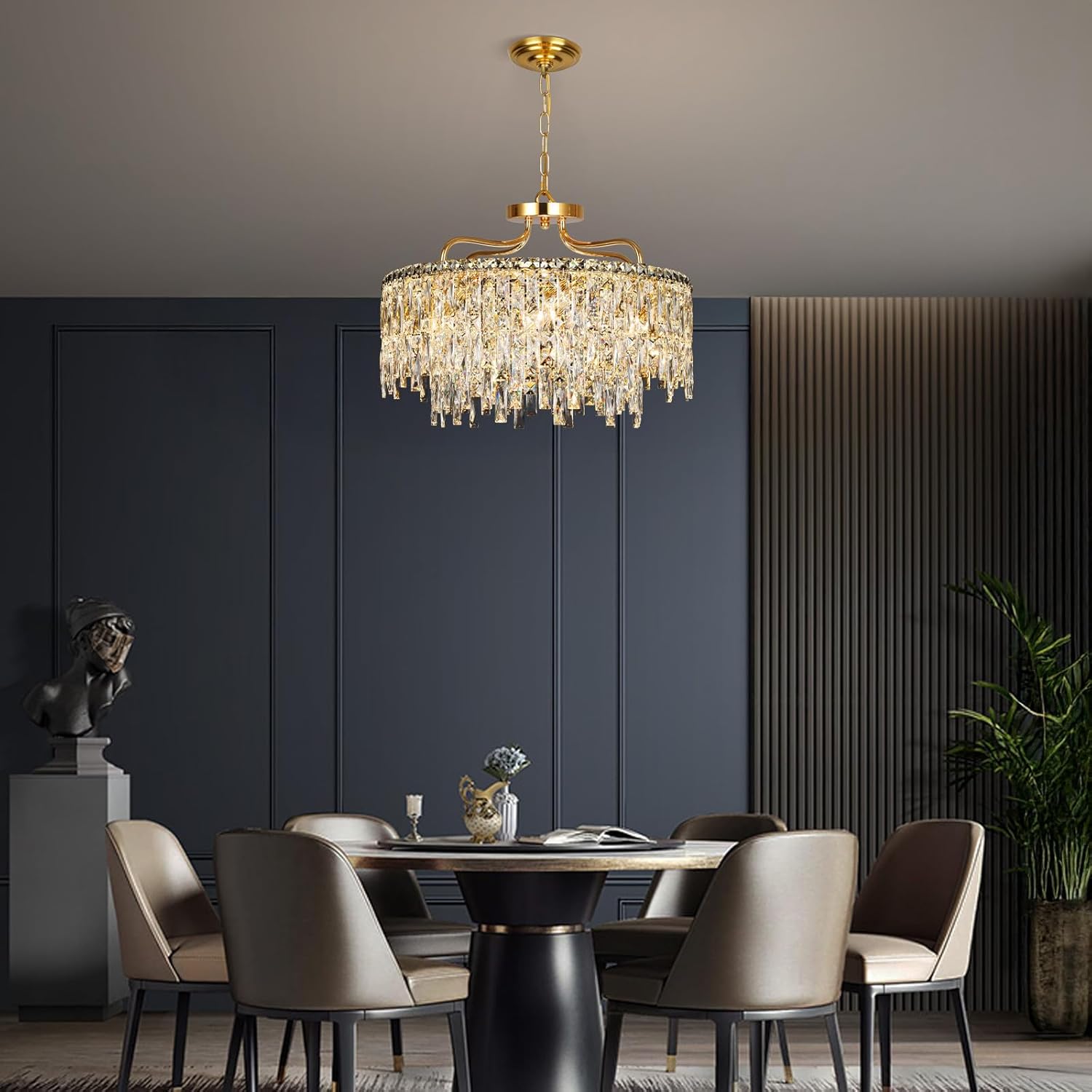 Modern Luxury Gold Crystal Chandelier - Adjustable Height Pendant Light with E12 Bulb Base