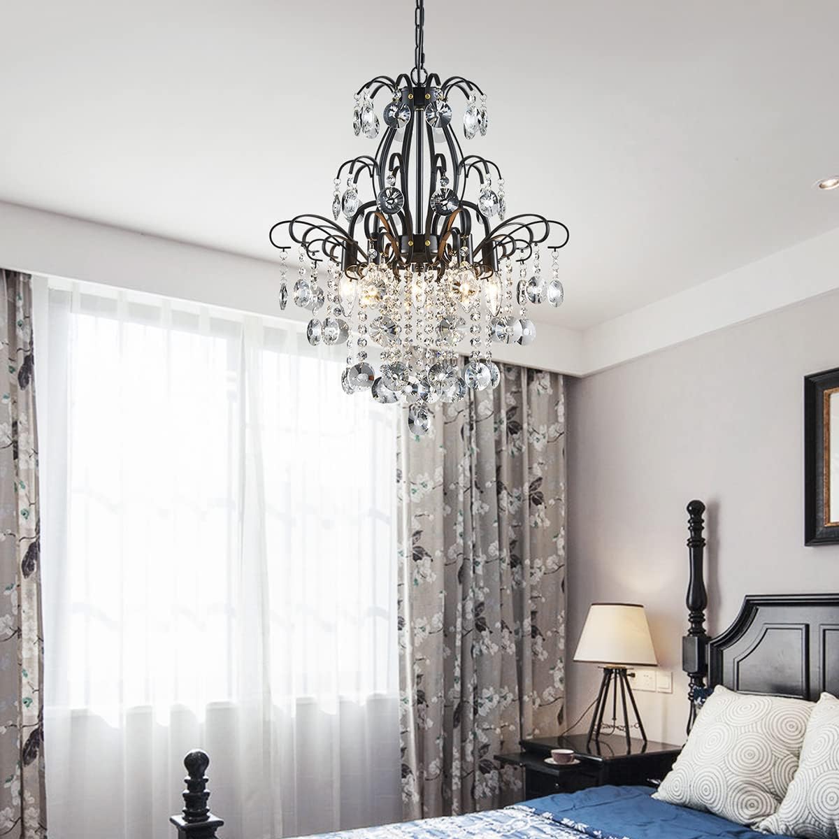 Modern Black Crystal Multi-Tier Chandelier – Adjustable Height Round E12 Dimmable Ceiling Pendant Light
