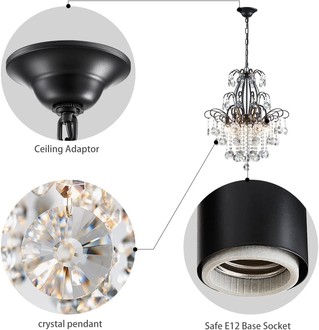 Modern Black Crystal Multi-Tier Chandelier – Adjustable Height Round E12 Dimmable Ceiling Pendant Light