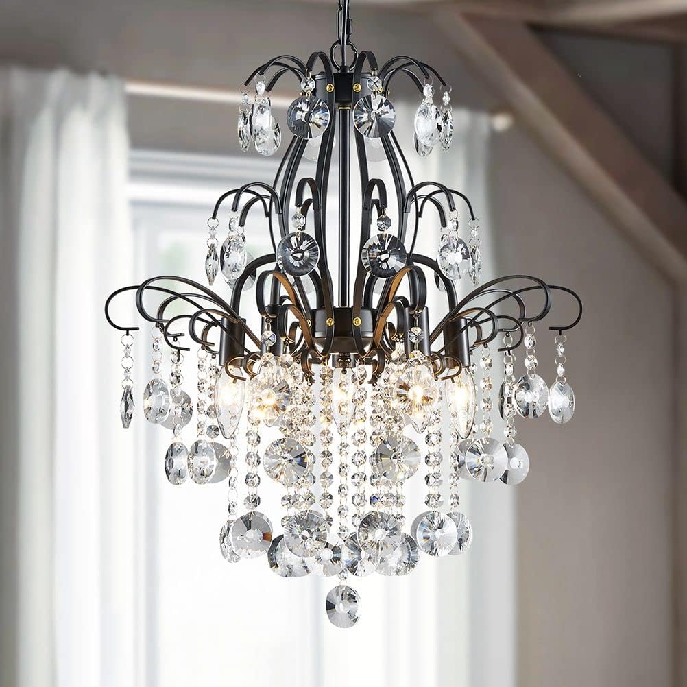 Modern Black Crystal Multi-Tier Chandelier – Adjustable Height Round E12 Dimmable Ceiling Pendant Light