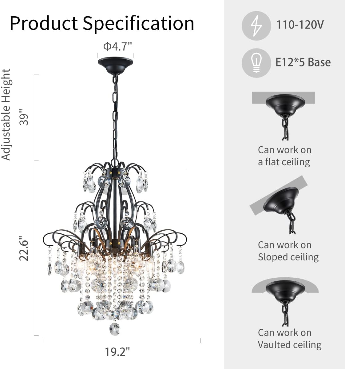 Modern Black Crystal Multi-Tier Chandelier – Adjustable Height Round E12 Dimmable Ceiling Pendant Light