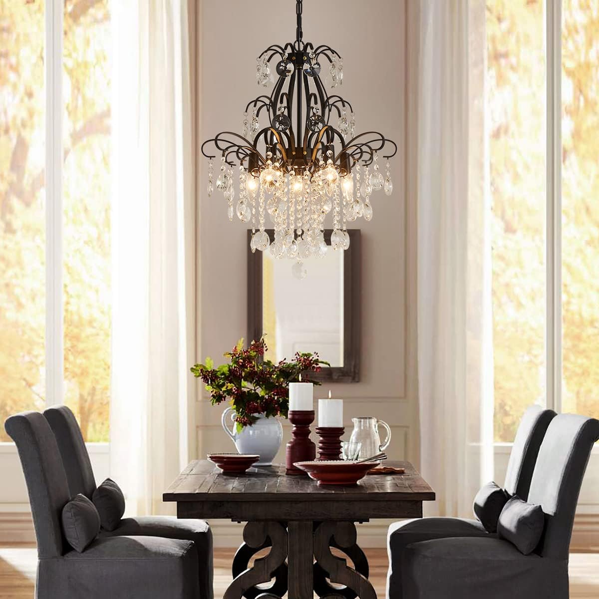 Modern Black Crystal Multi-Tier Chandelier – Adjustable Height Round E12 Dimmable Ceiling Pendant Light
