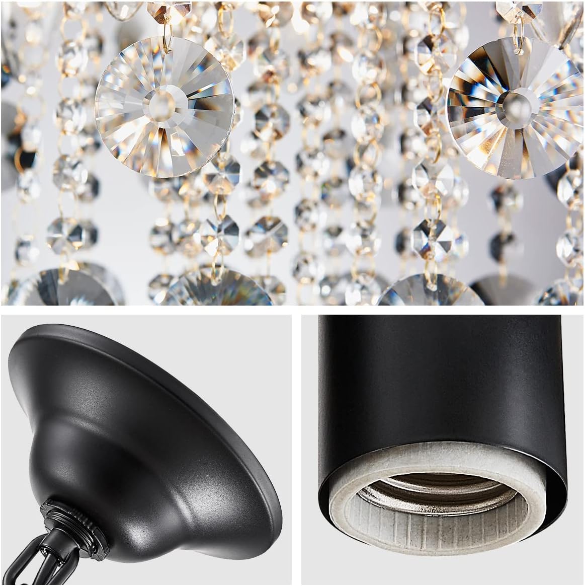 Modern Black Crystal Multi-Tier Chandelier – Adjustable Height Round E12 Dimmable Ceiling Pendant Light