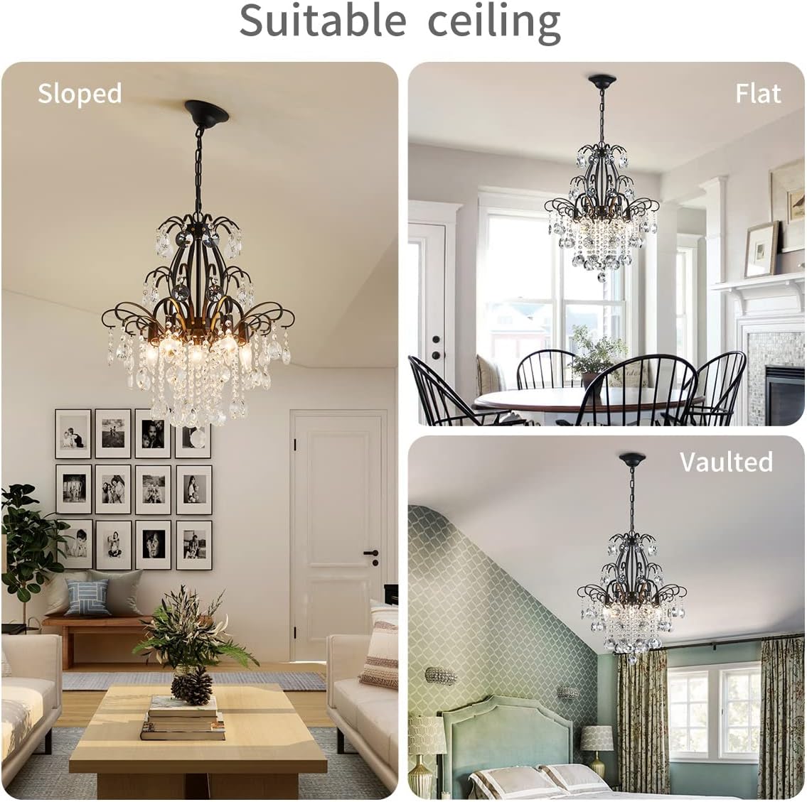 Modern Black Crystal Multi-Tier Chandelier – Adjustable Height Round E12 Dimmable Ceiling Pendant Light