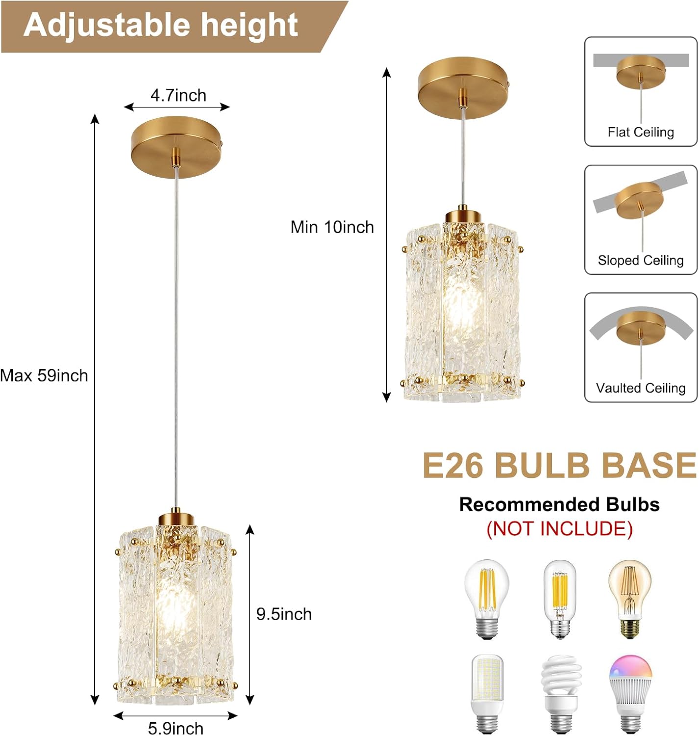 Luxury Brushed Gold Textured Glass Pendant Light Adjustable E26 Ceiling Hanging Lamp