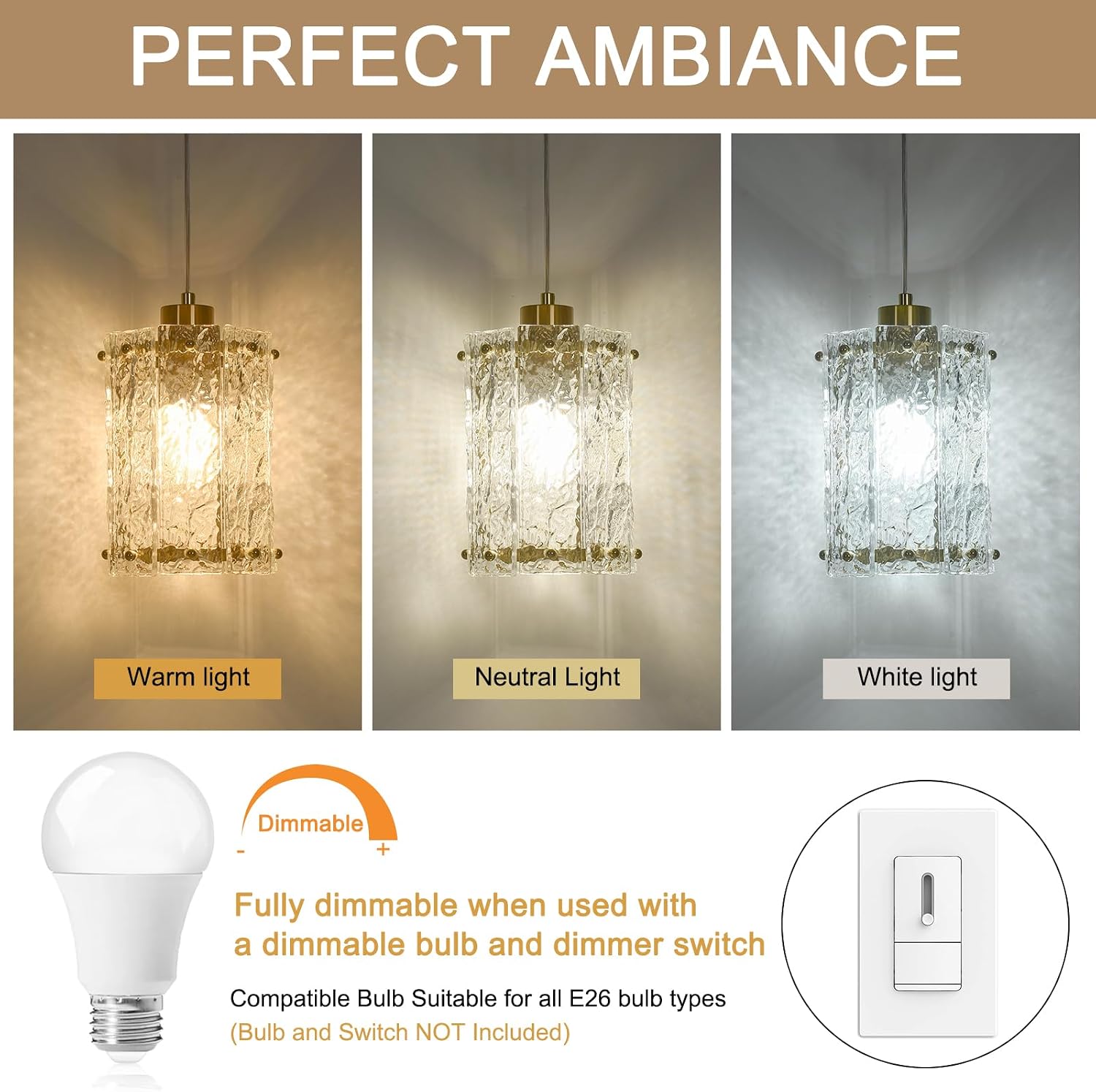 Luxury Brushed Gold Textured Glass Pendant Light Adjustable E26 Ceiling Hanging Lamp