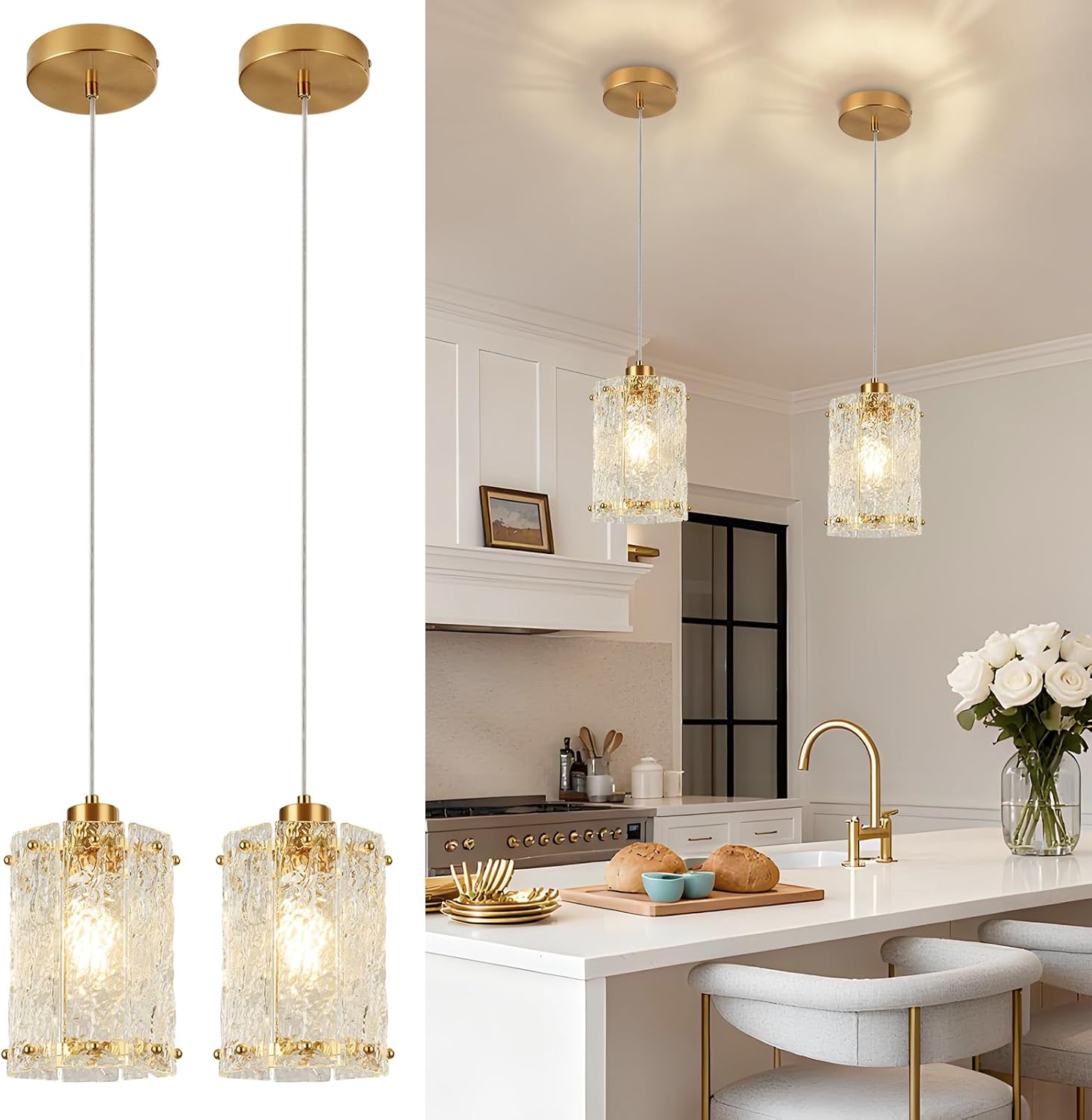 Luxury Brushed Gold Textured Glass Pendant Light Adjustable E26 Ceiling Hanging Lamp