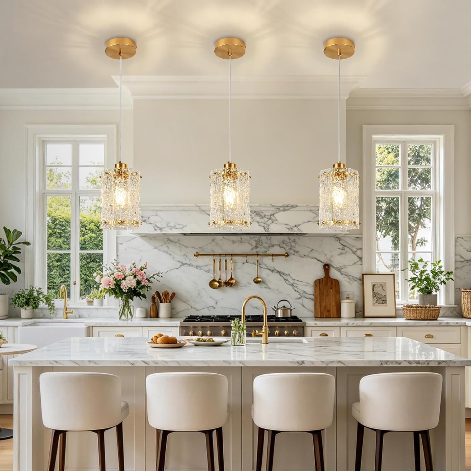 Luxury Brushed Gold Textured Glass Pendant Light Adjustable E26 Ceiling Hanging Lamp