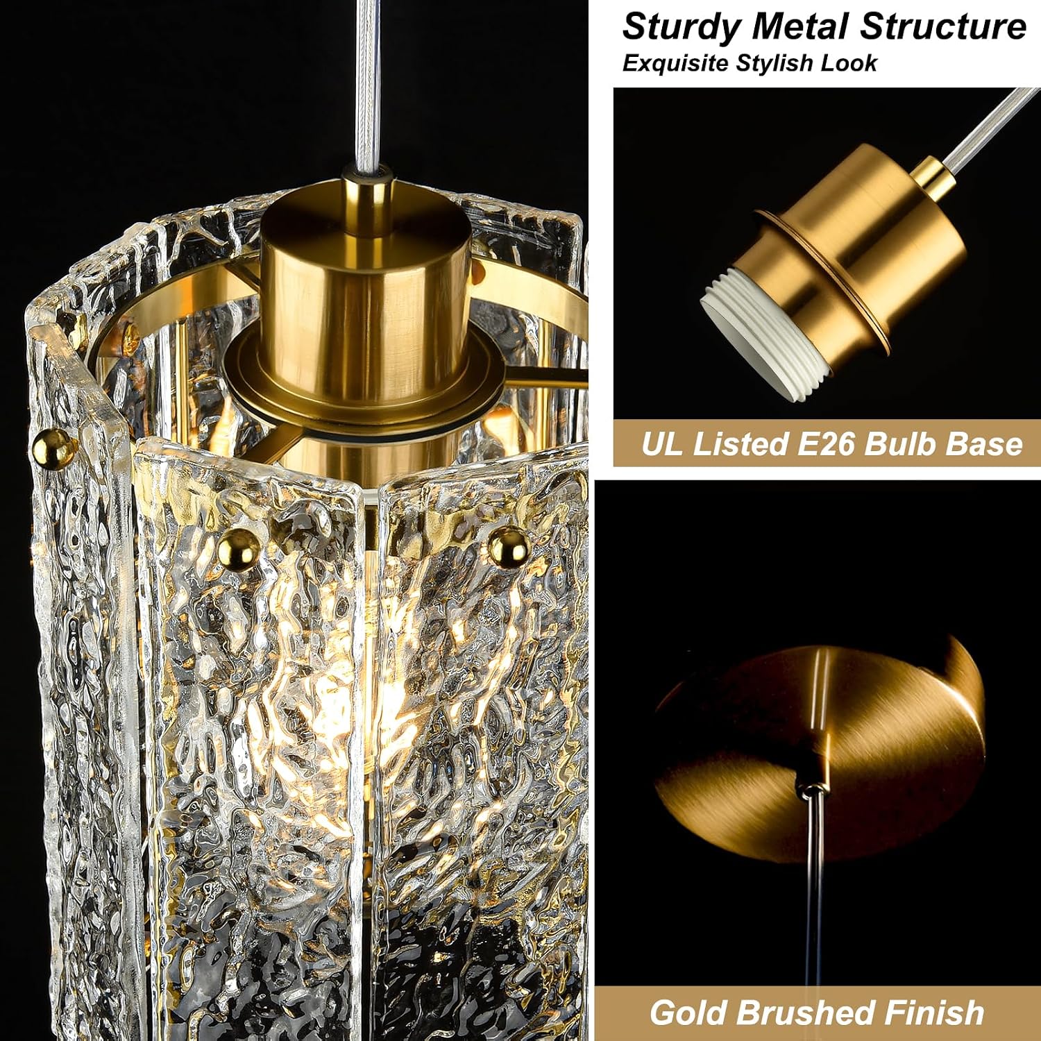Luxury Brushed Gold Textured Glass Pendant Light Adjustable E26 Ceiling Hanging Lamp