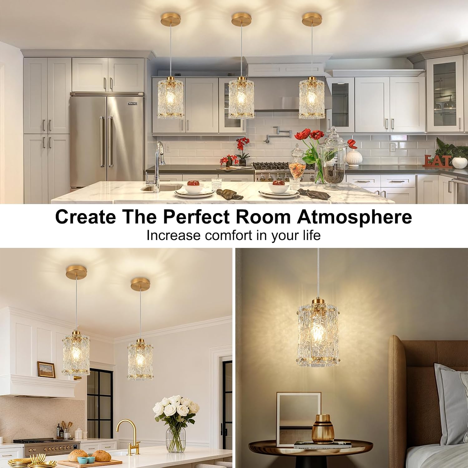 Luxury Brushed Gold Textured Glass Pendant Light Adjustable E26 Ceiling Hanging Lamp