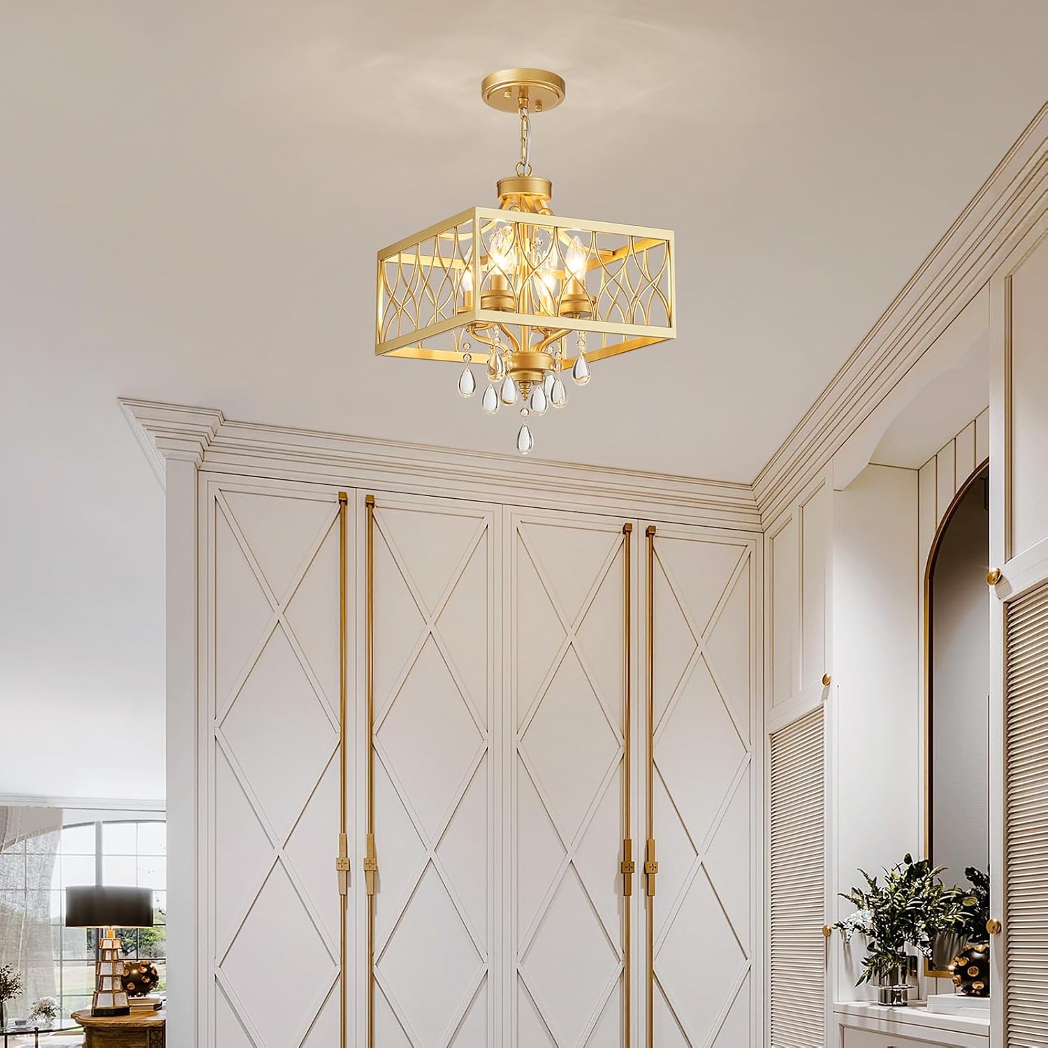 Modern Gold Crystal Drum Chandelier Pendant Light Adjustable Luxury Ceiling Lighting Fixture