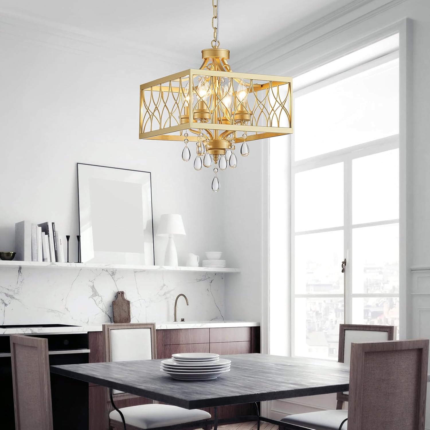 Modern Gold Crystal Drum Chandelier Pendant Light Adjustable Luxury Ceiling Lighting Fixture
