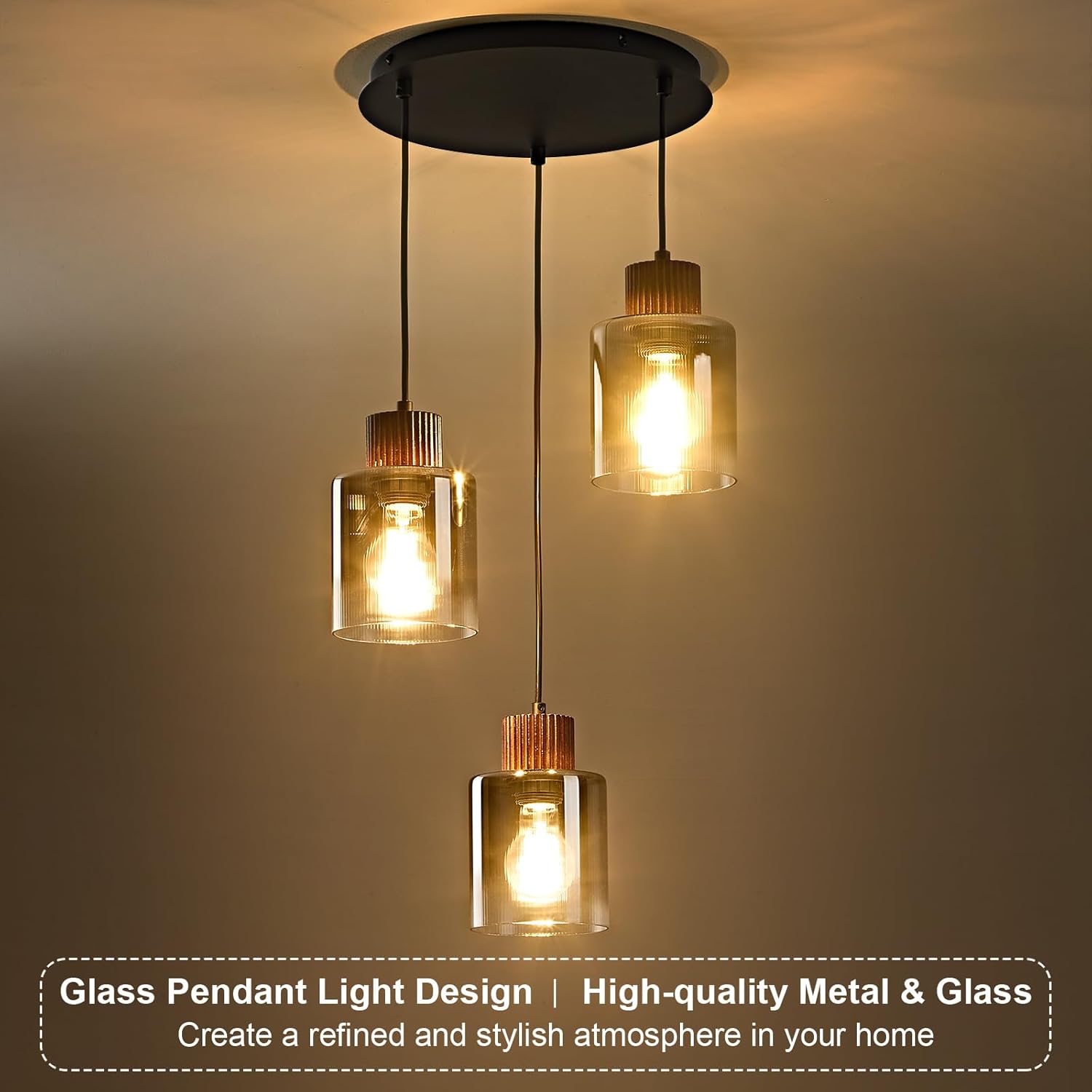 Modern 3-Light Glass Pendant Chandelier Adjustable Hanging Ceiling Light for Kitchen Island Staircase