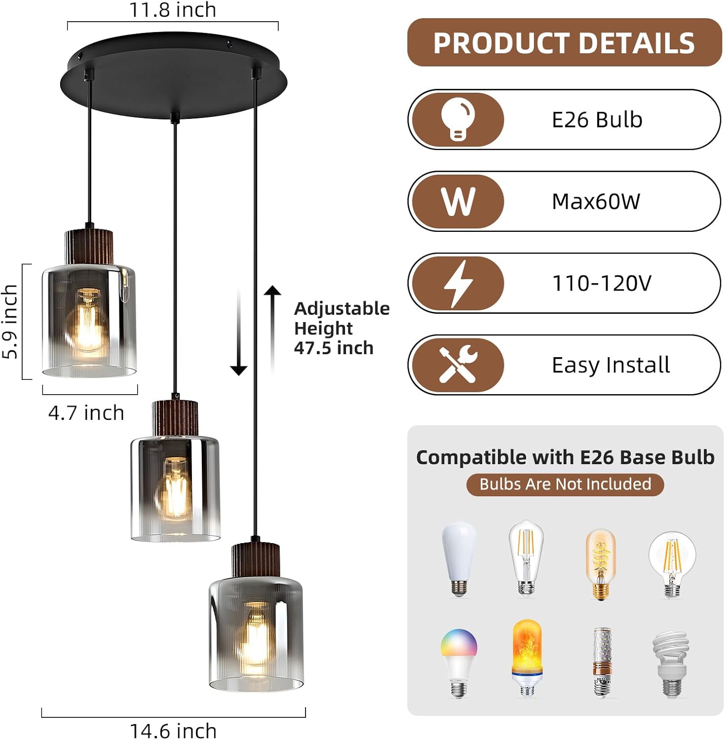 Modern 3-Light Glass Pendant Chandelier Adjustable Hanging Ceiling Light for Kitchen Island Staircase