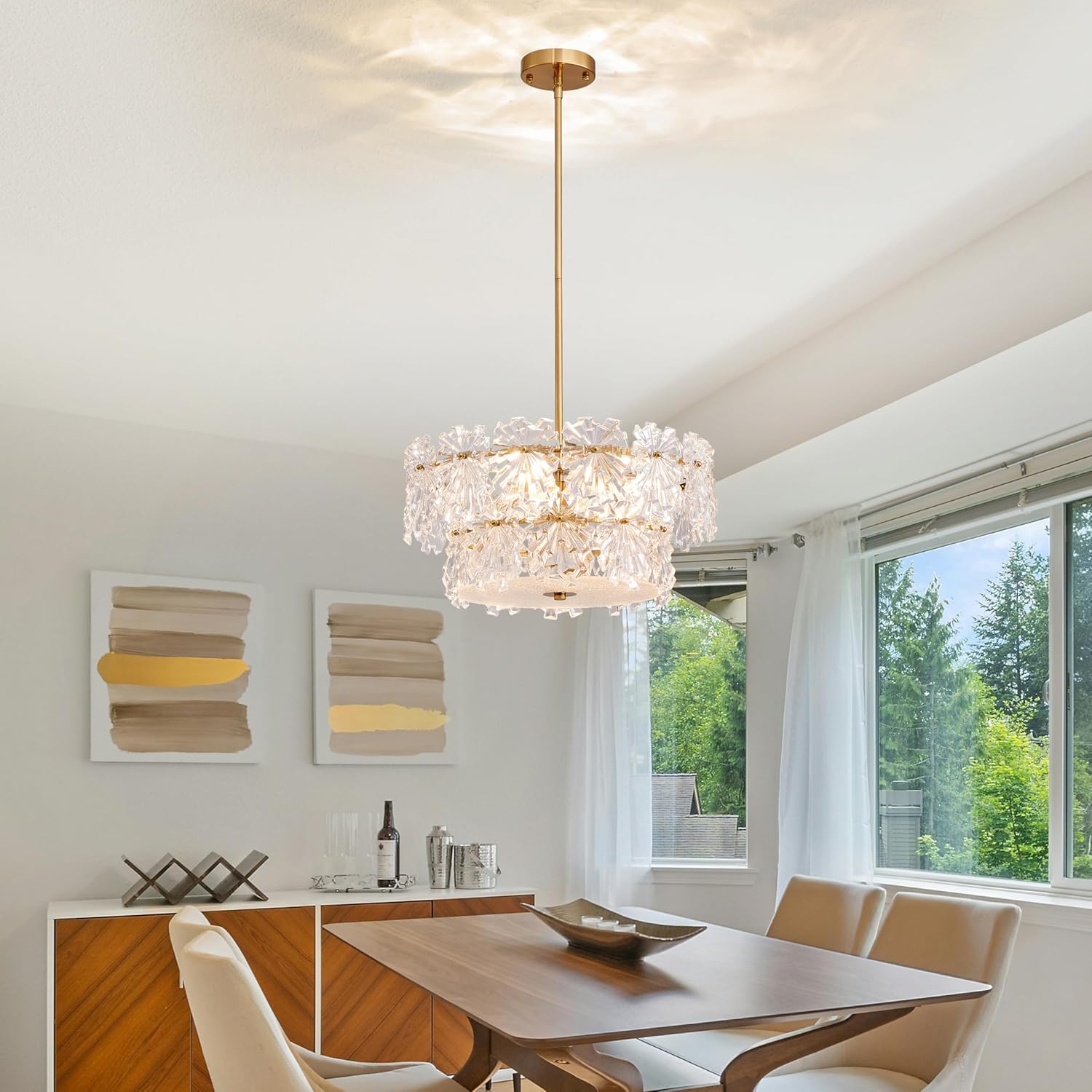 Modern 4-Light Gold Crystal Drum Chandelier Adjustable Rod Pendant Light