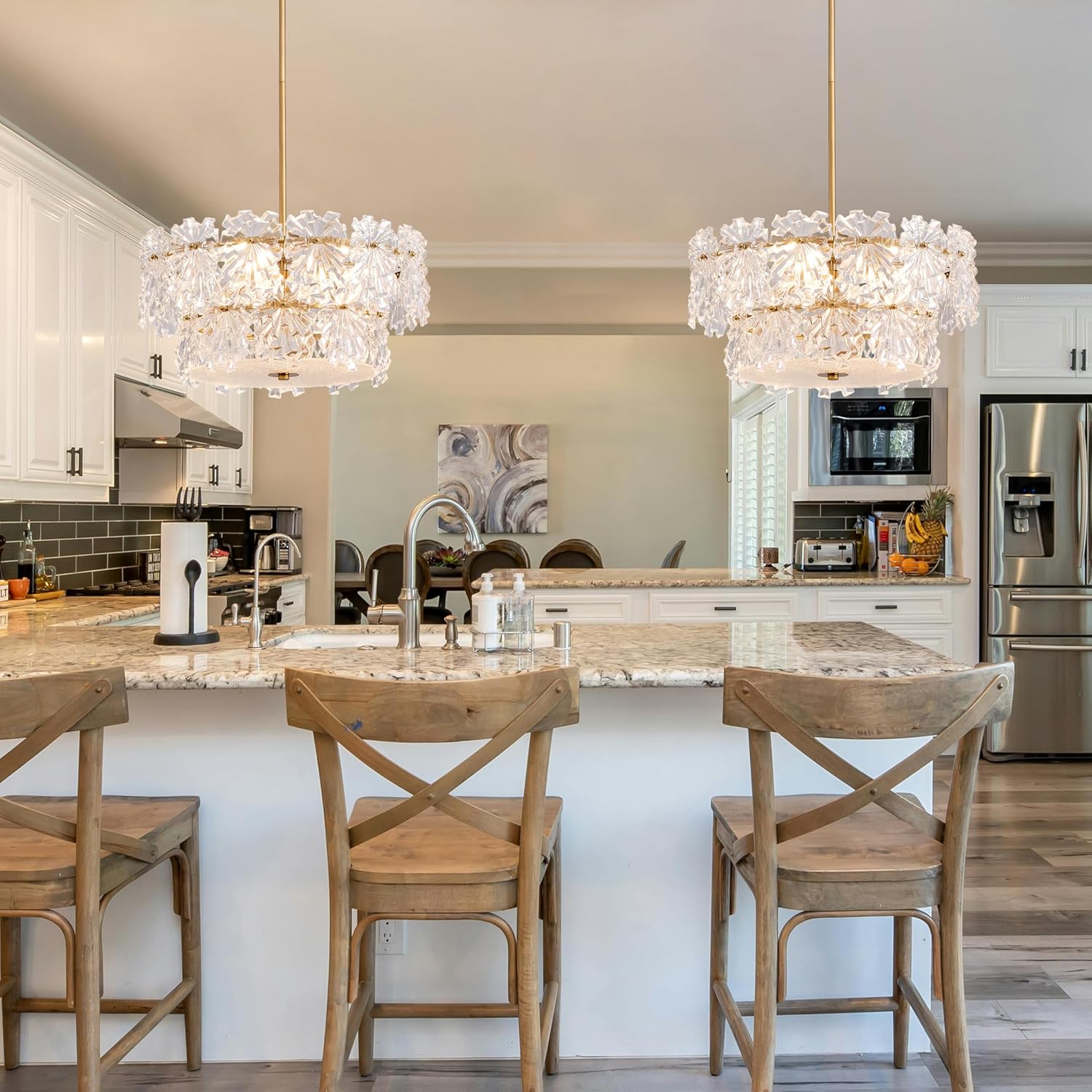 Modern 4-Light Gold Crystal Drum Chandelier Adjustable Rod Pendant Light