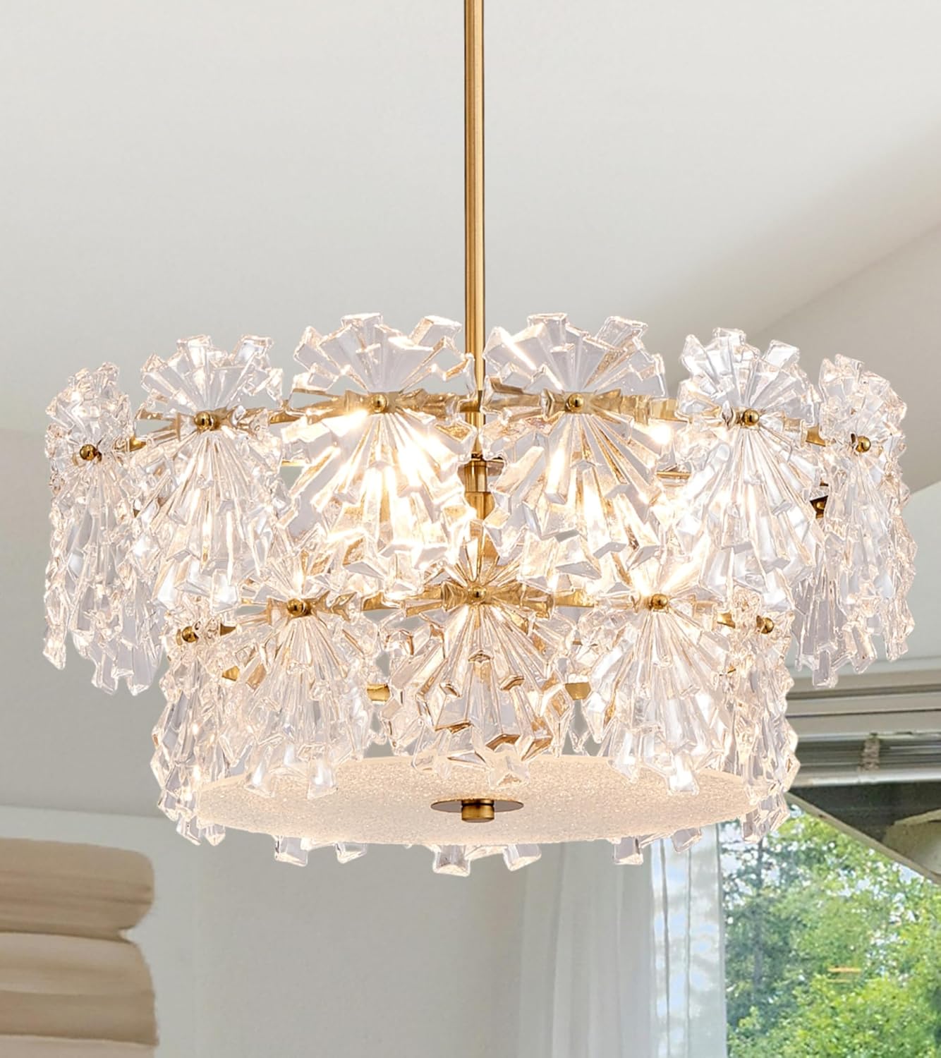 Modern 4-Light Gold Crystal Drum Chandelier Adjustable Rod Pendant Light