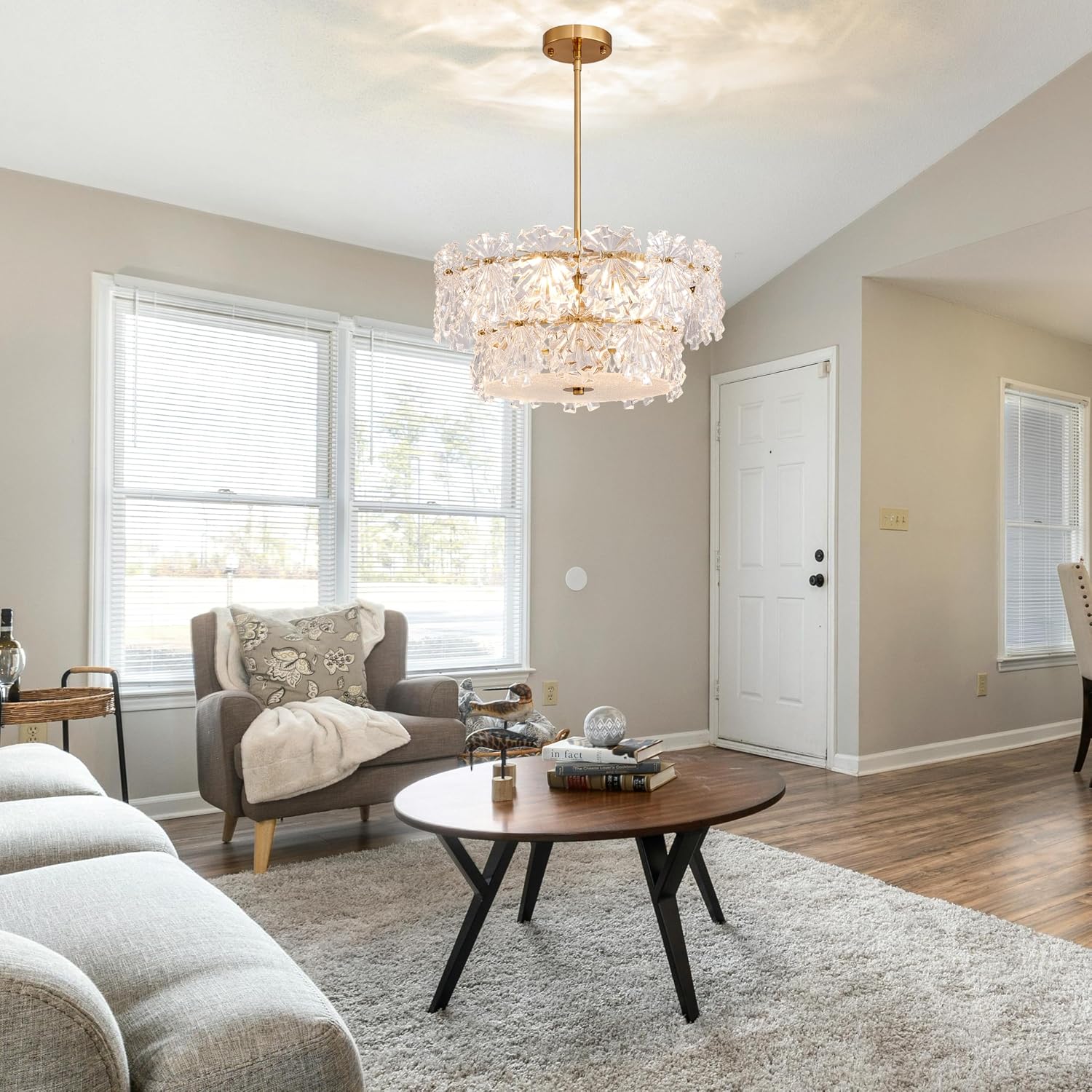 Modern 4-Light Gold Crystal Drum Chandelier Adjustable Rod Pendant Light