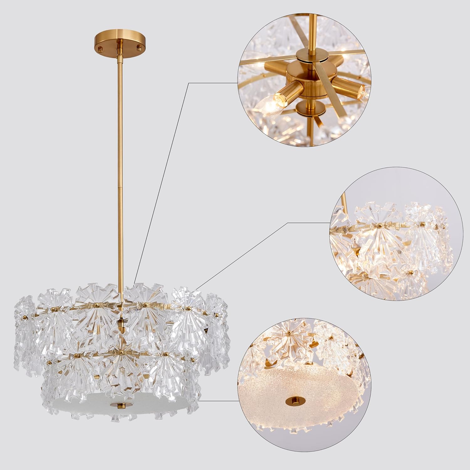 Modern 4-Light Gold Crystal Drum Chandelier Adjustable Rod Pendant Light