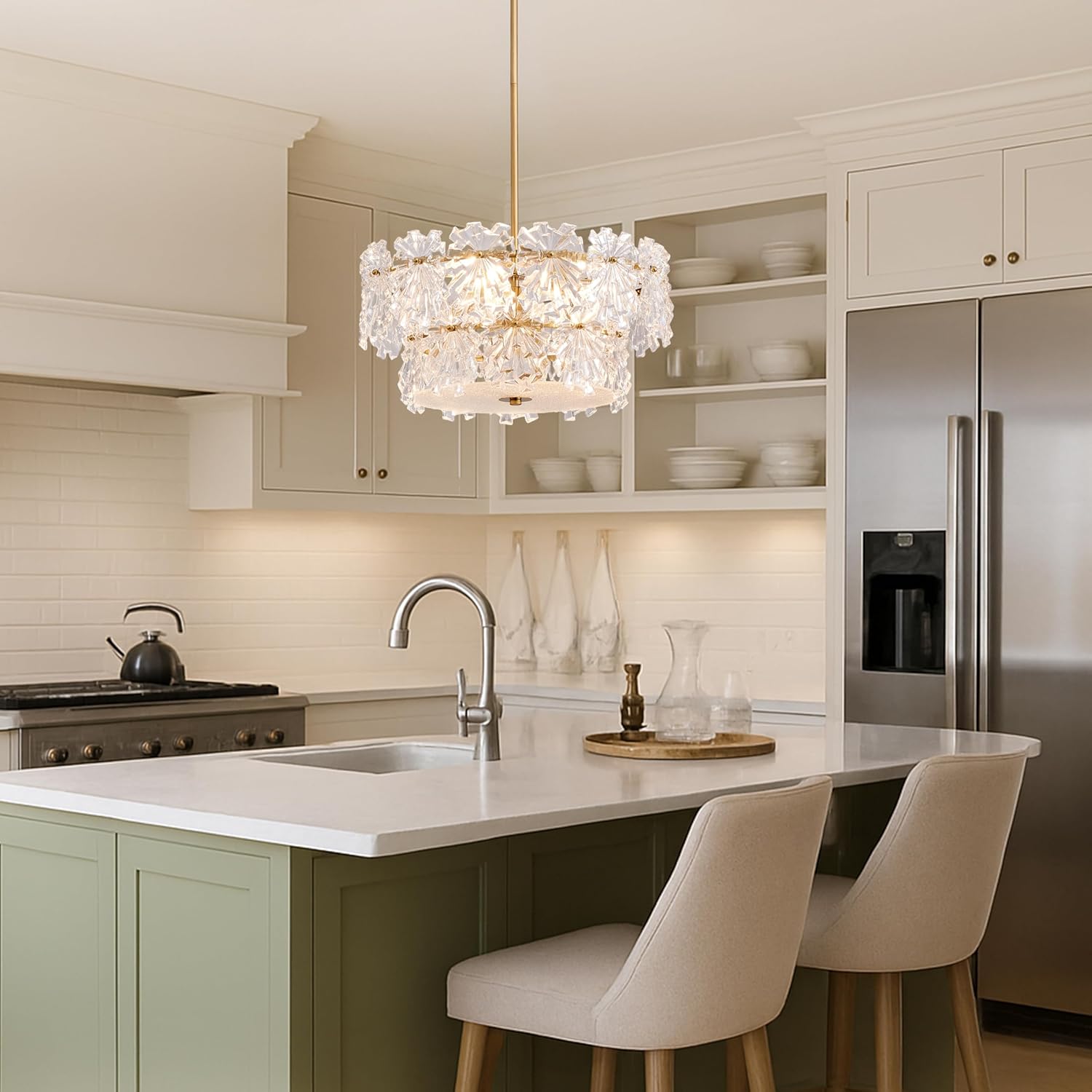 Modern 4-Light Gold Crystal Drum Chandelier Adjustable Rod Pendant Light