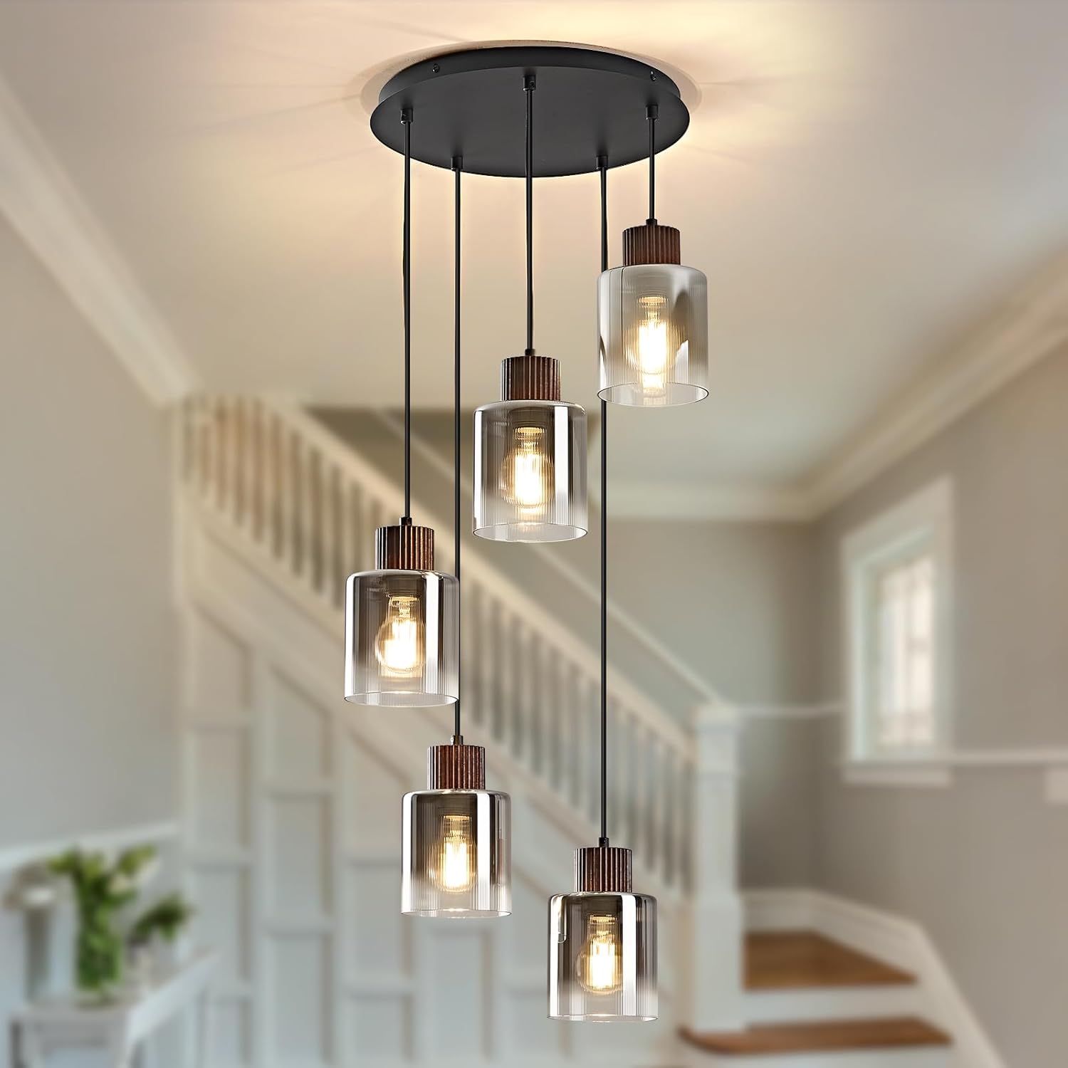 Modern 5-Light Glass Pendant Chandelier Adjustable Multi Pendant Ceiling Light for Staircase Foyer