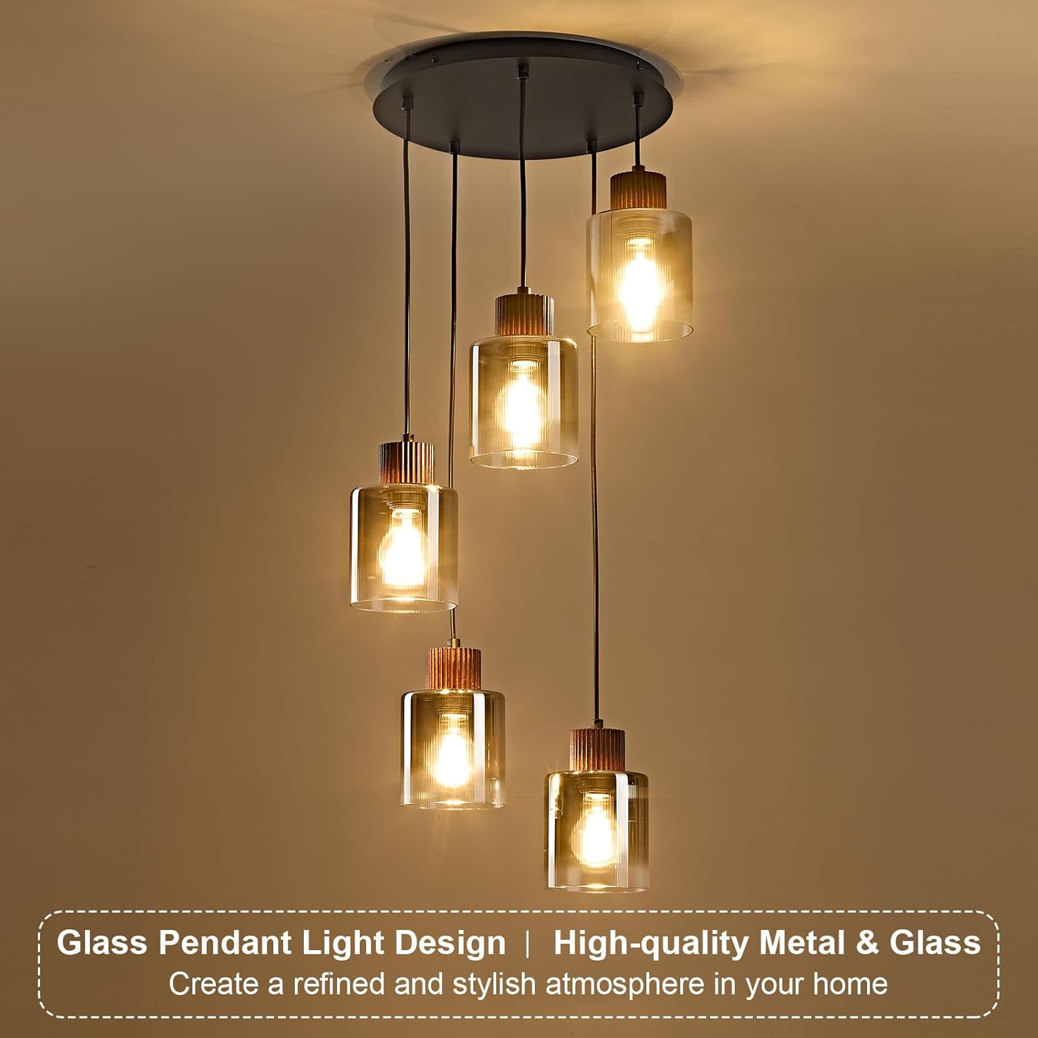 Modern 5-Light Glass Pendant Chandelier Adjustable Multi Pendant Ceiling Light for Staircase Foyer
