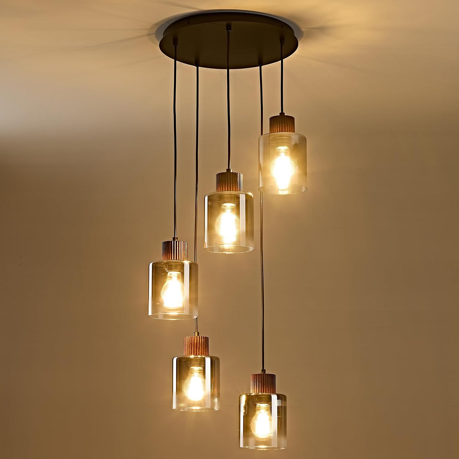 Modern 5-Light Glass Pendant Chandelier Adjustable Multi Pendant Ceiling Light for Staircase Foyer