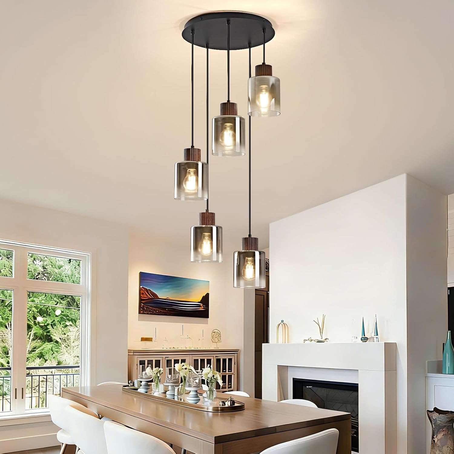 Modern 5-Light Glass Pendant Chandelier Adjustable Multi Pendant Ceiling Light for Staircase Foyer