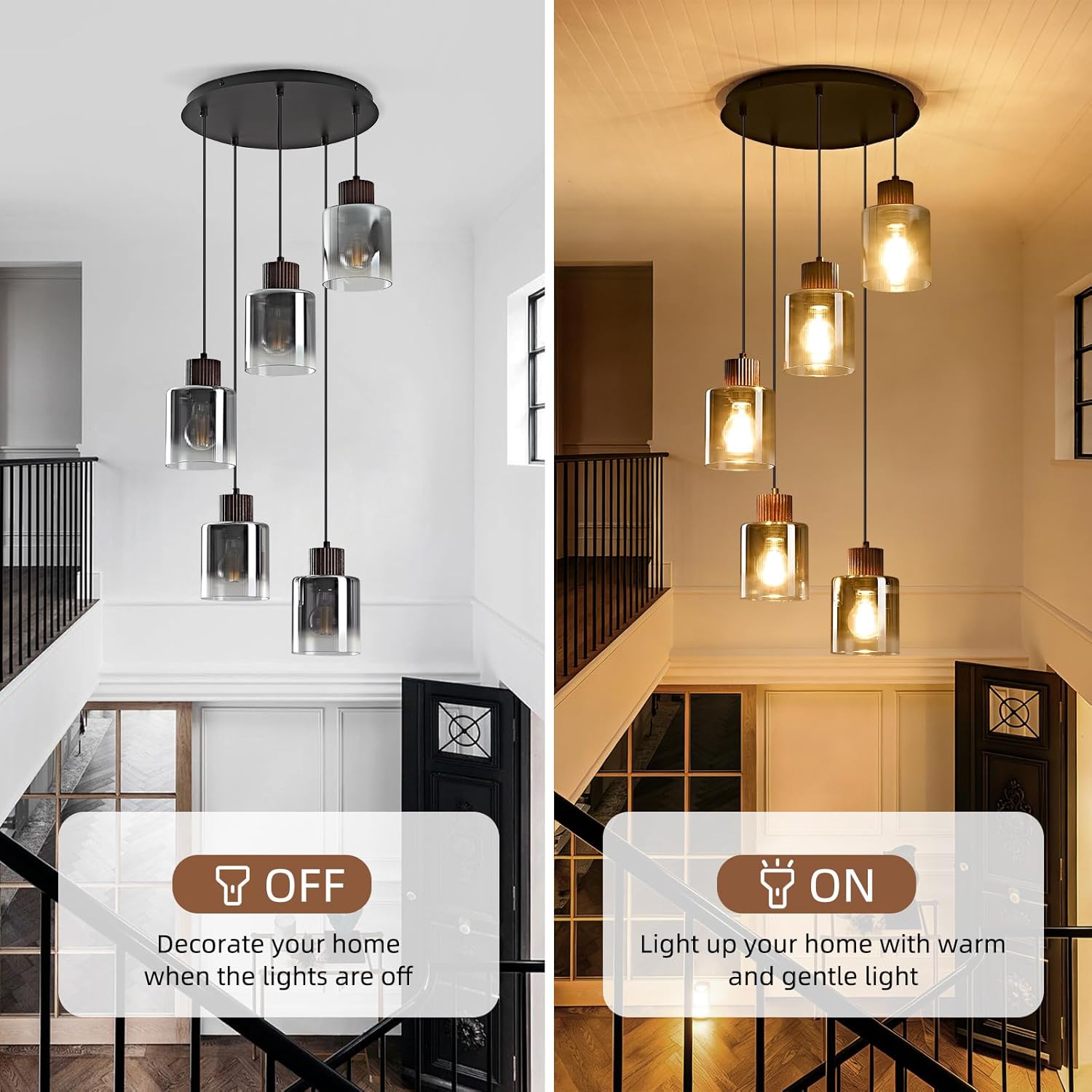 Modern 5-Light Glass Pendant Chandelier Adjustable Multi Pendant Ceiling Light for Staircase Foyer
