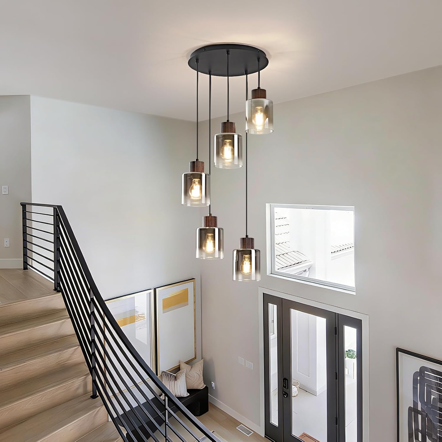 Modern 5-Light Glass Pendant Chandelier Adjustable Multi Pendant Ceiling Light for Staircase Foyer