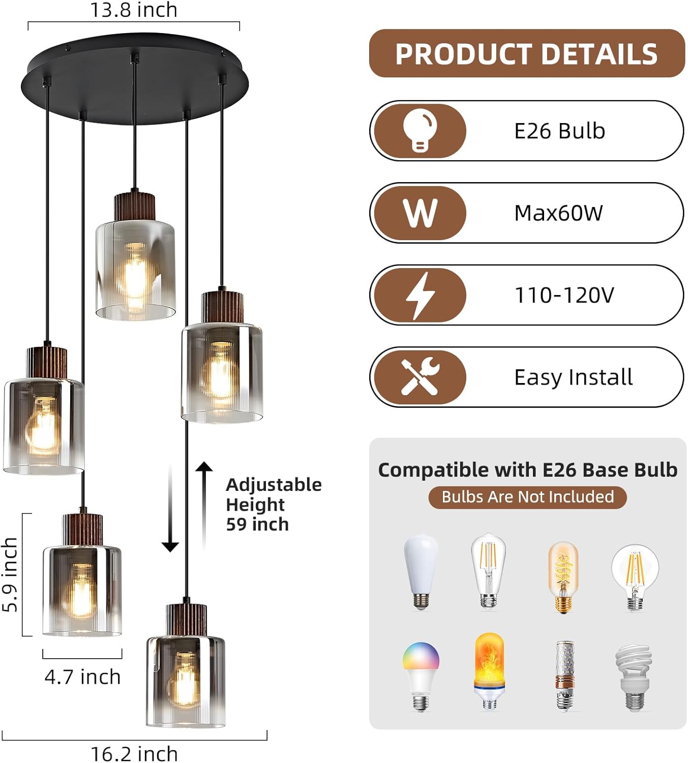 Modern 5-Light Glass Pendant Chandelier Adjustable Multi Pendant Ceiling Light for Staircase Foyer