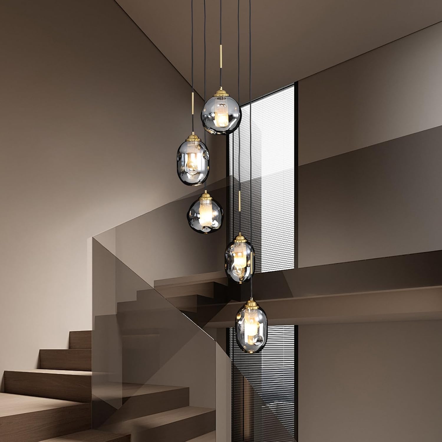 Modern 5-Light Smoked Glass Cluster Pendant Chandelier with Adjustable Black Cords and Gold Accents