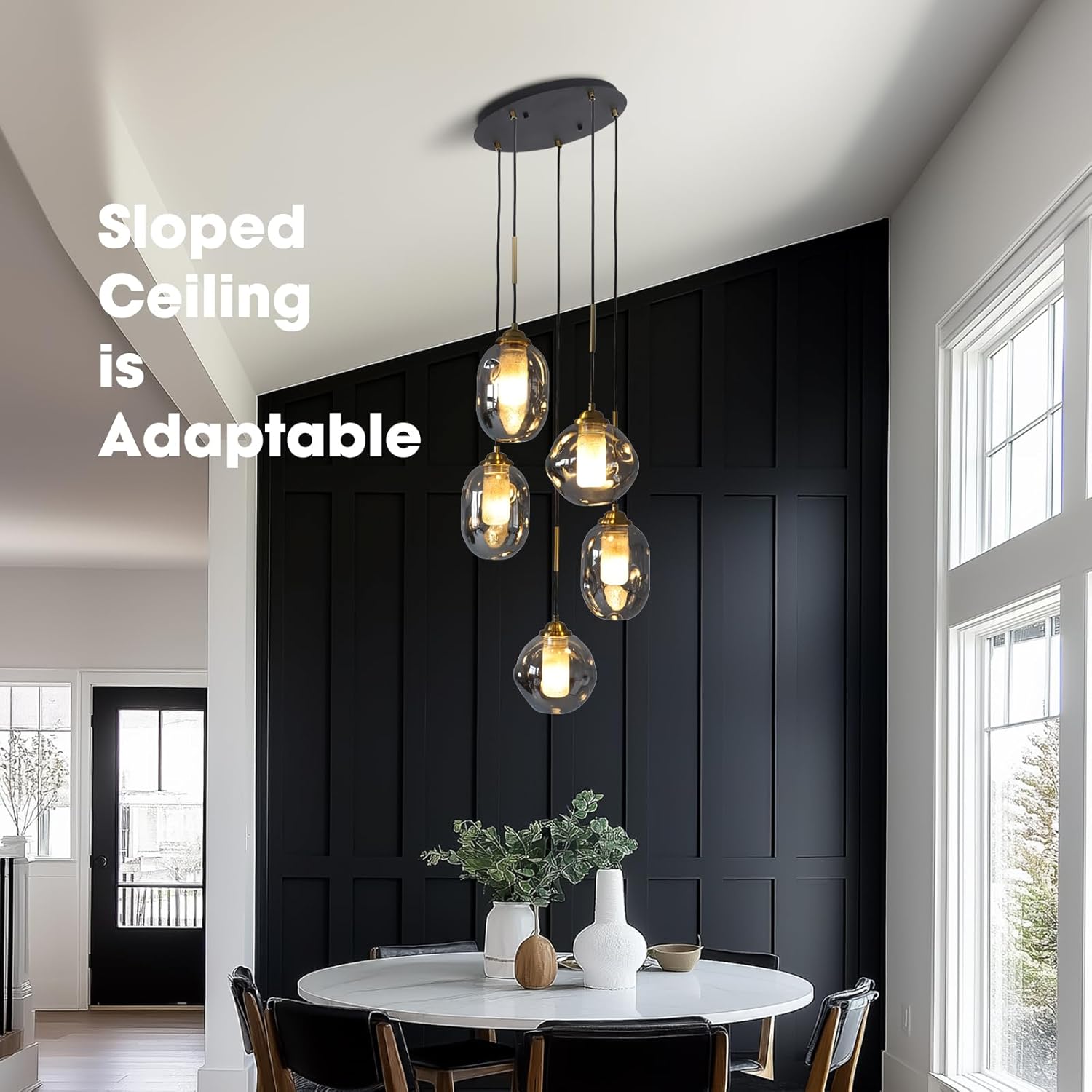 Modern 5-Light Smoked Glass Cluster Pendant Chandelier with Adjustable Black Cords and Gold Accents