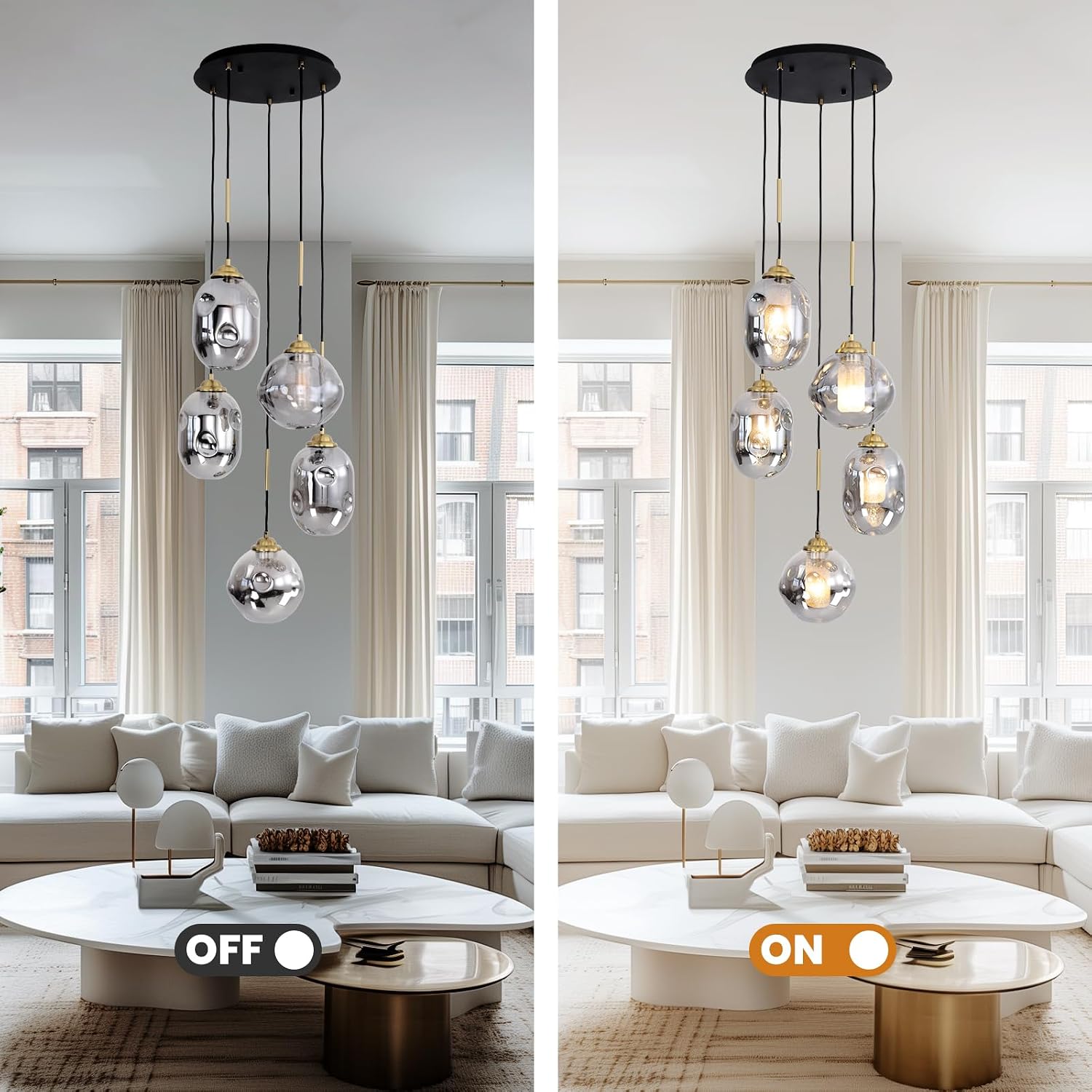 Modern 5-Light Smoked Glass Cluster Pendant Chandelier with Adjustable Black Cords and Gold Accents